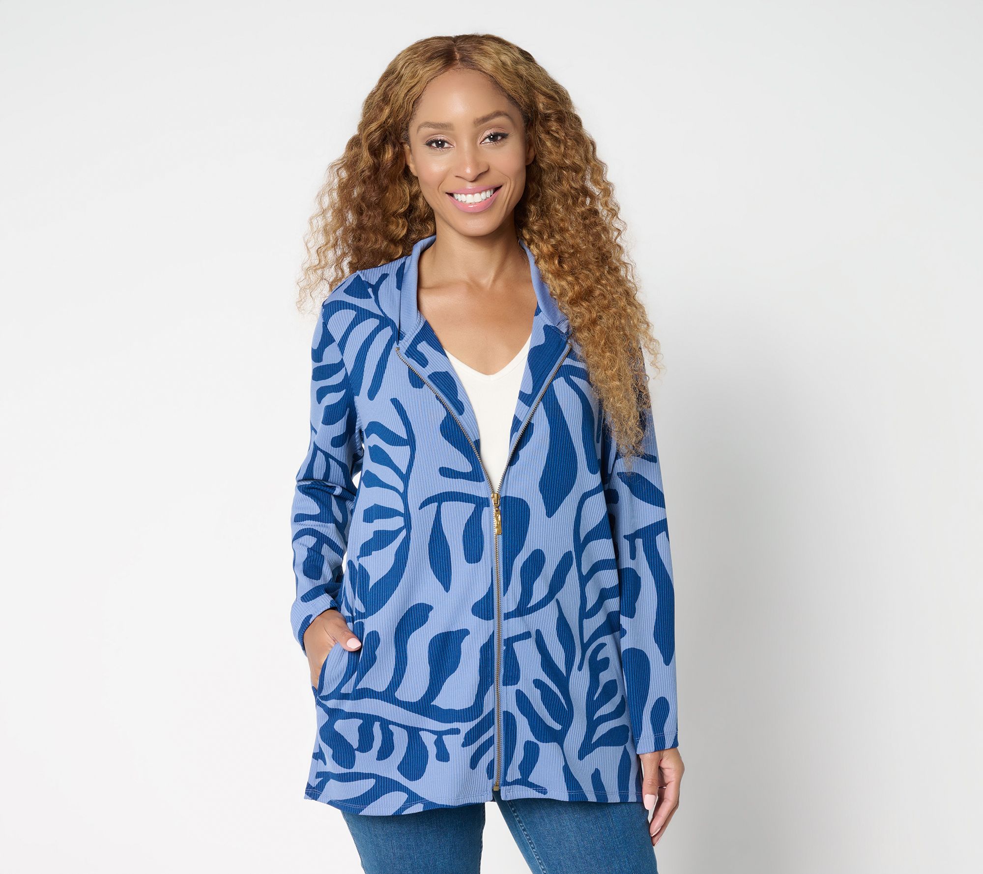 Susan Graver Weekend Petite Printed Zip Front Textured Knit Hoodie