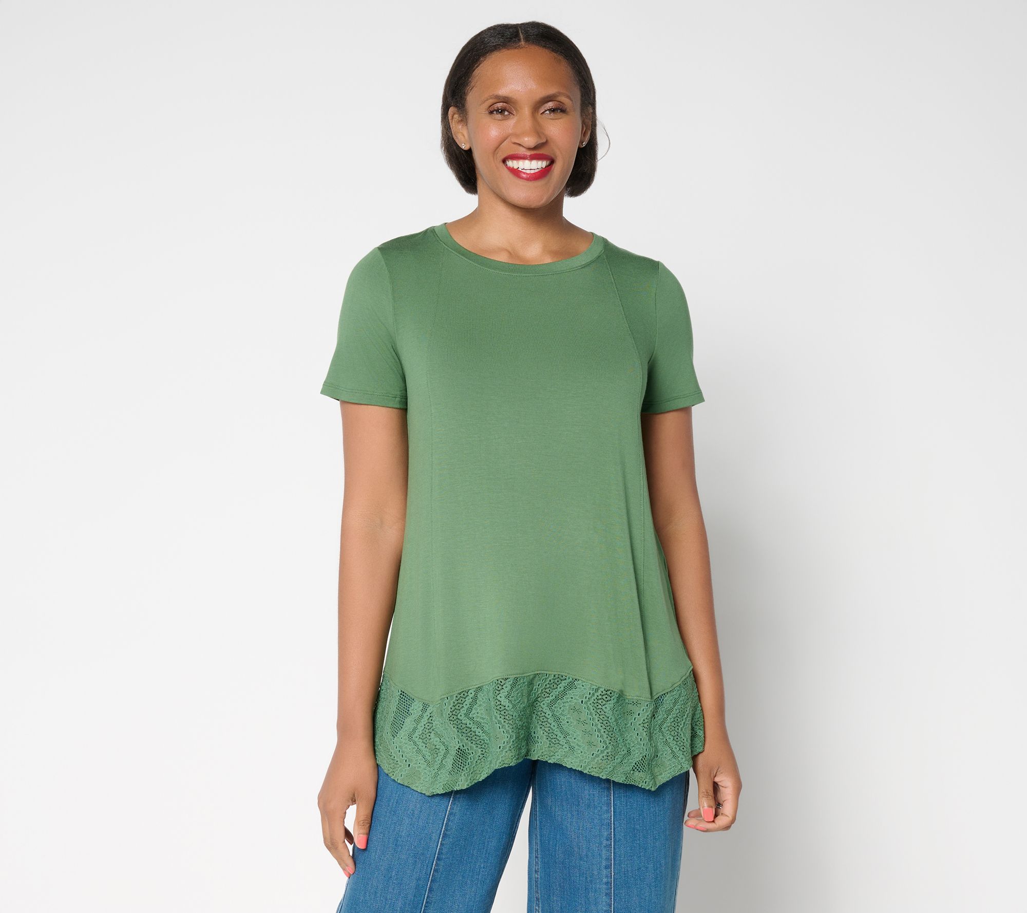 LOGO Layers by Lori Goldstein Petite Short Sleeve Tee with Lace Trim