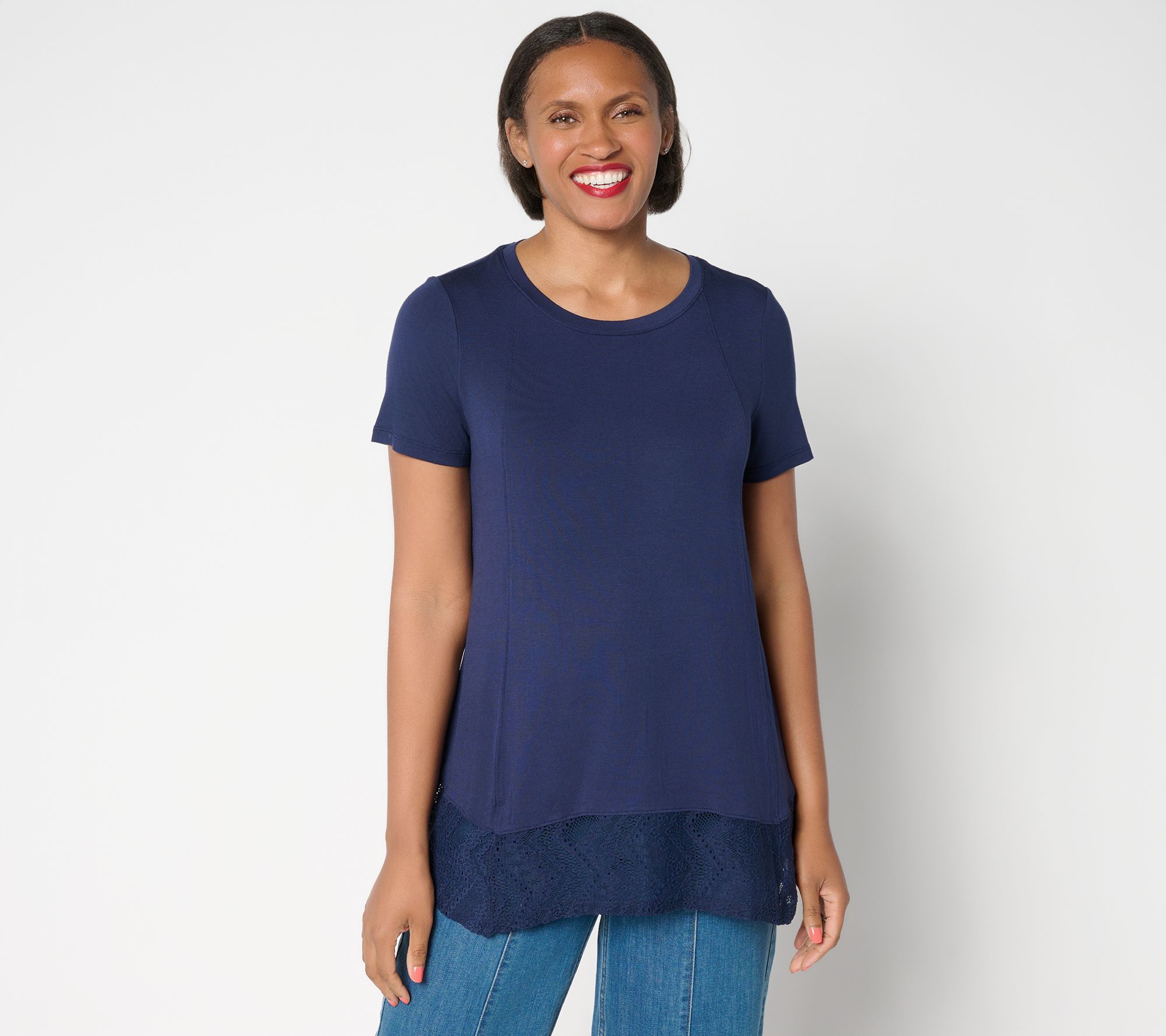 LOGO Layers by Lori Goldstein Petite Short Sleeve Tee with Lace Trim