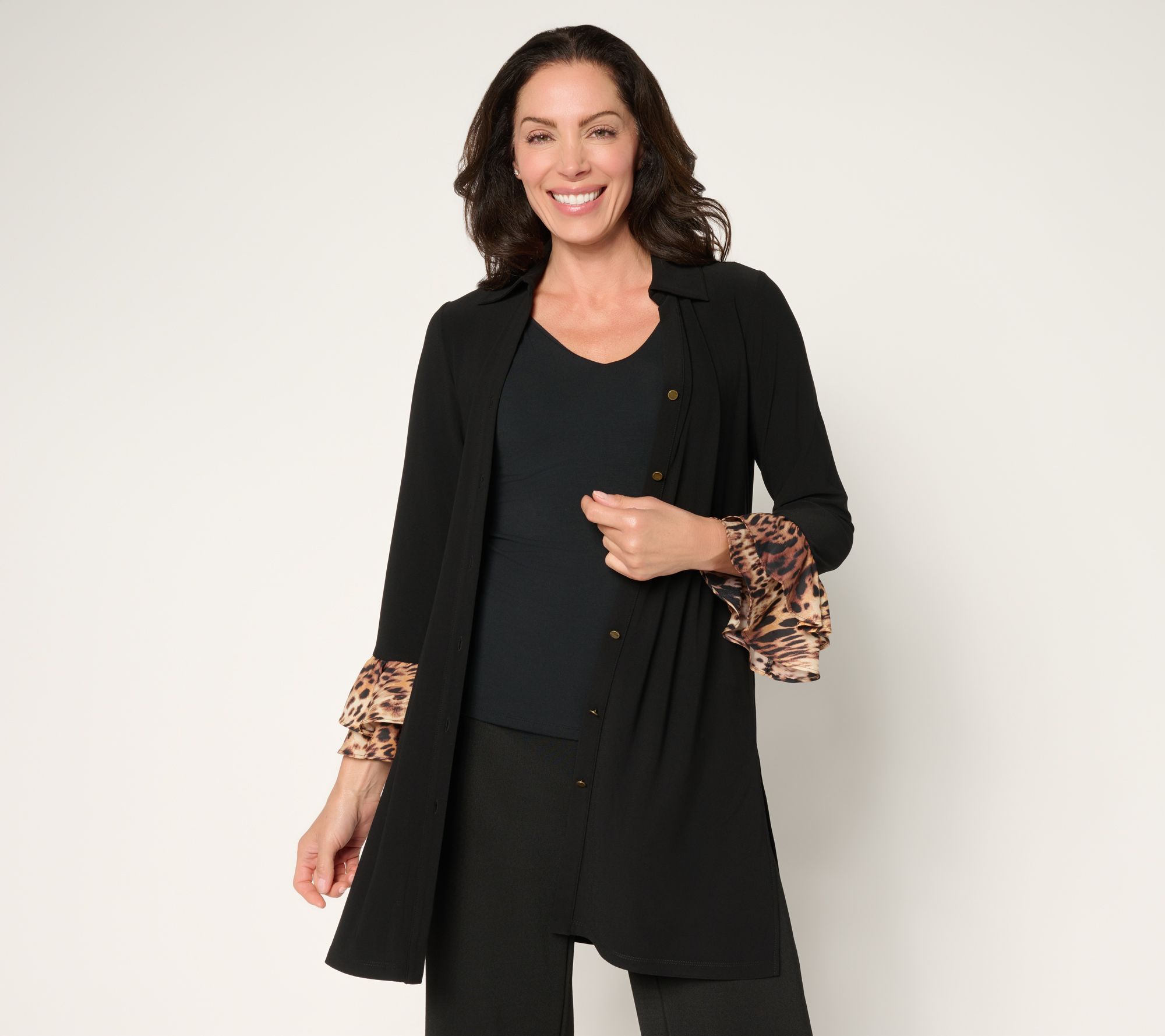 Susan Graver Textured Liquid Knit Petite Long Cardigan w/ Printed Cuff