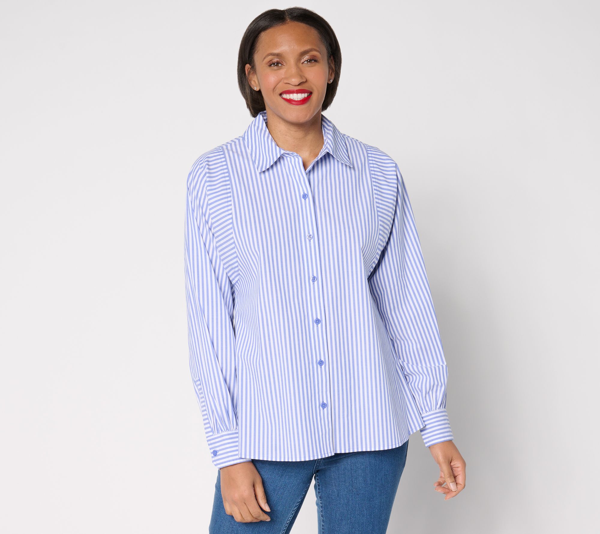 "As Is" Joan Rivers Stretch Cotton Poplin Shirt with Sleeve Detail