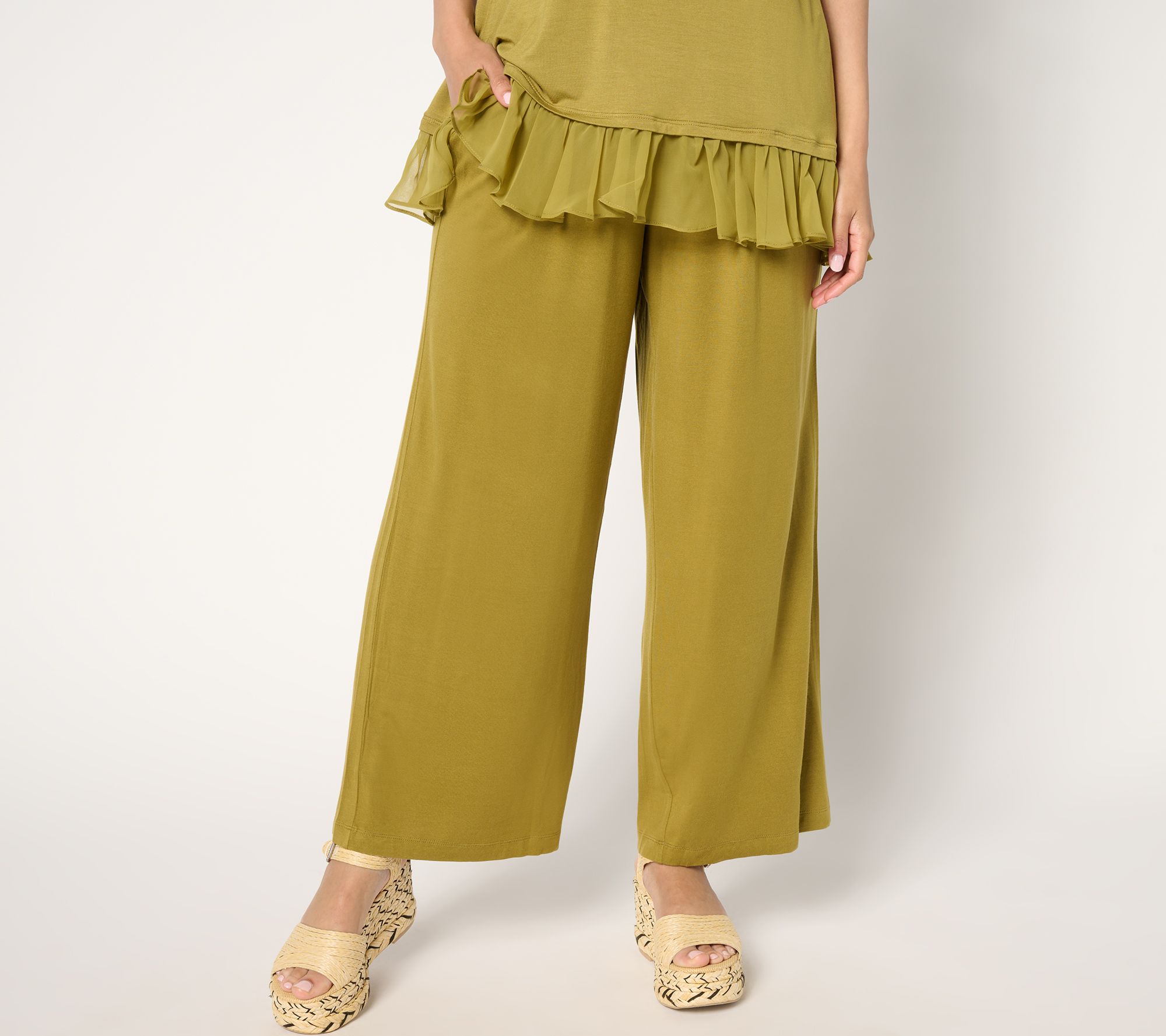 "As Is" LOGO by Lori Goldstein Petite Knit Full Length Wide Leg Pants