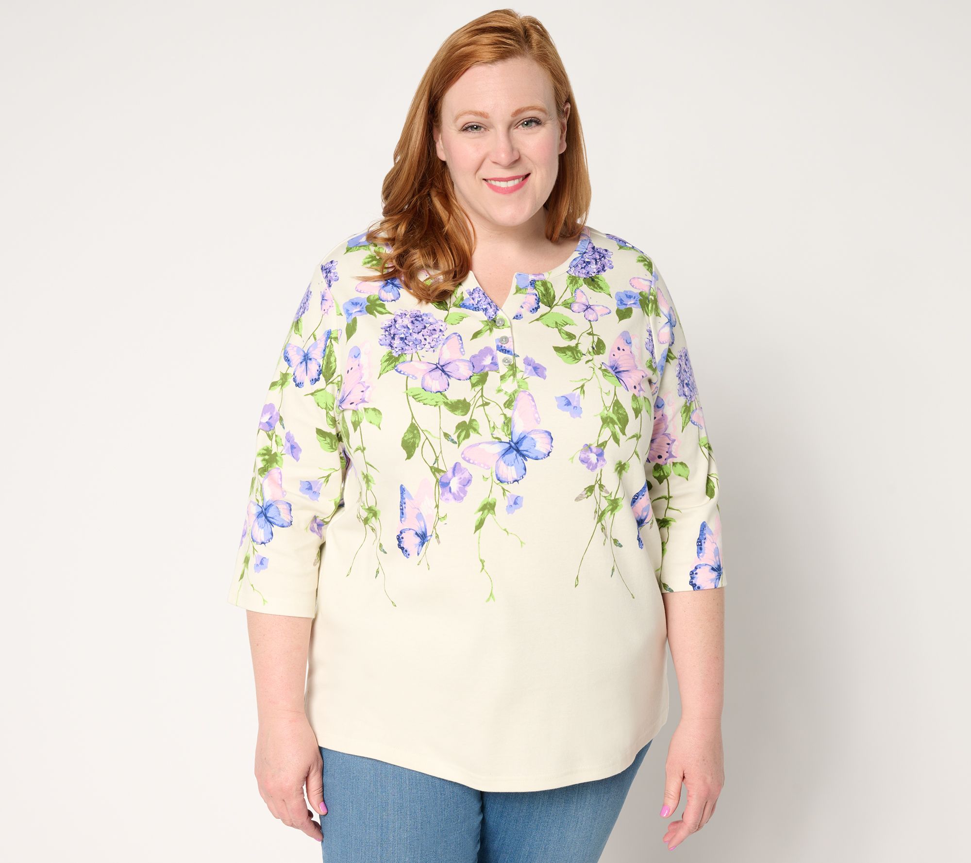 "As Is" Quacker Factory Hydrangeas and Butterflies 3/4 Sleeve Top