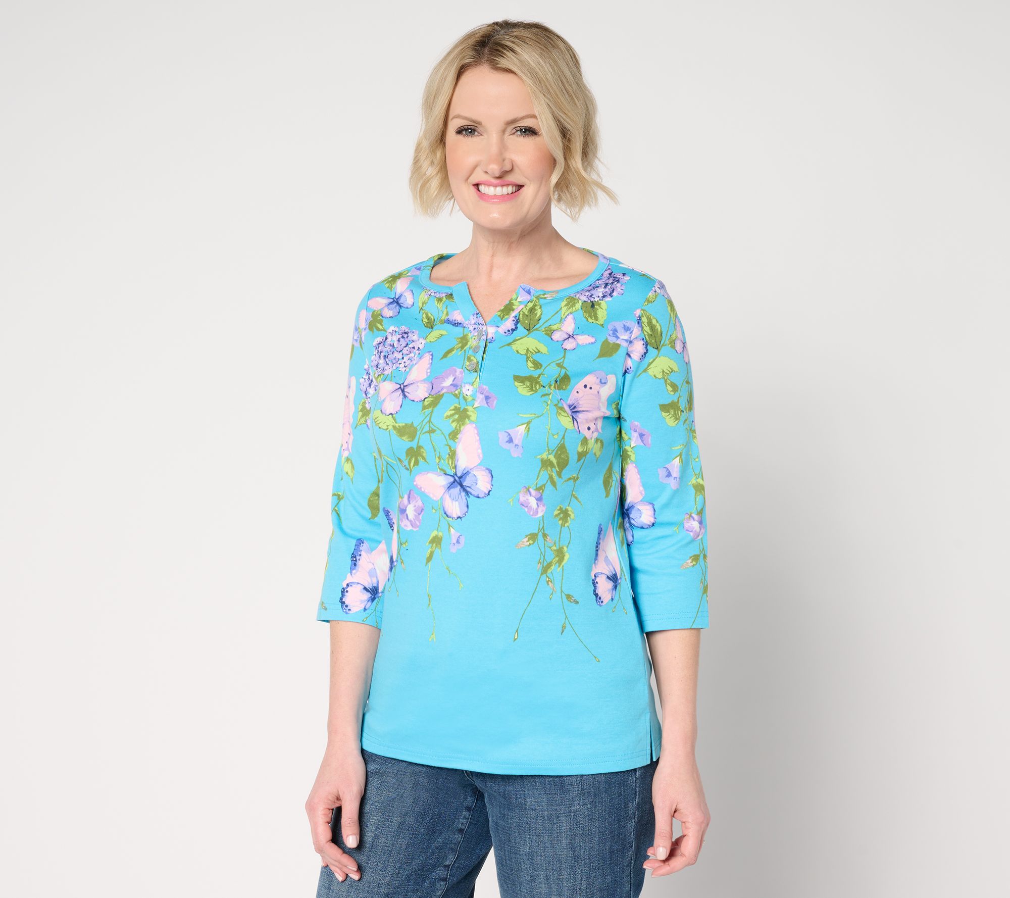 "As Is" Quacker Factory Hydrangeas and Butterflies 3/4 Sleeve Top