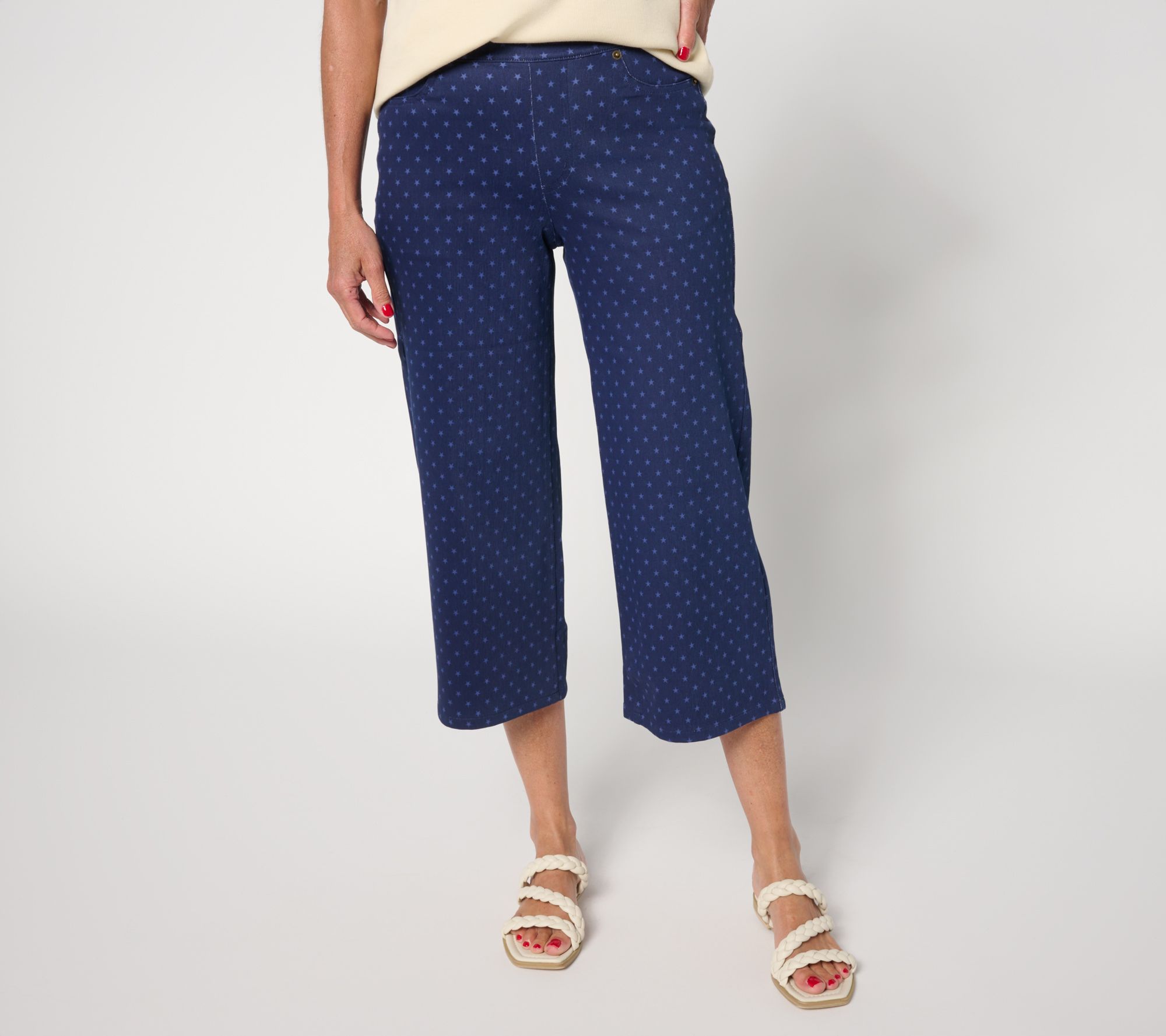 "As Is" Denim & Co. Petite Comfy Knit Air Star Print Wide Leg Jeans