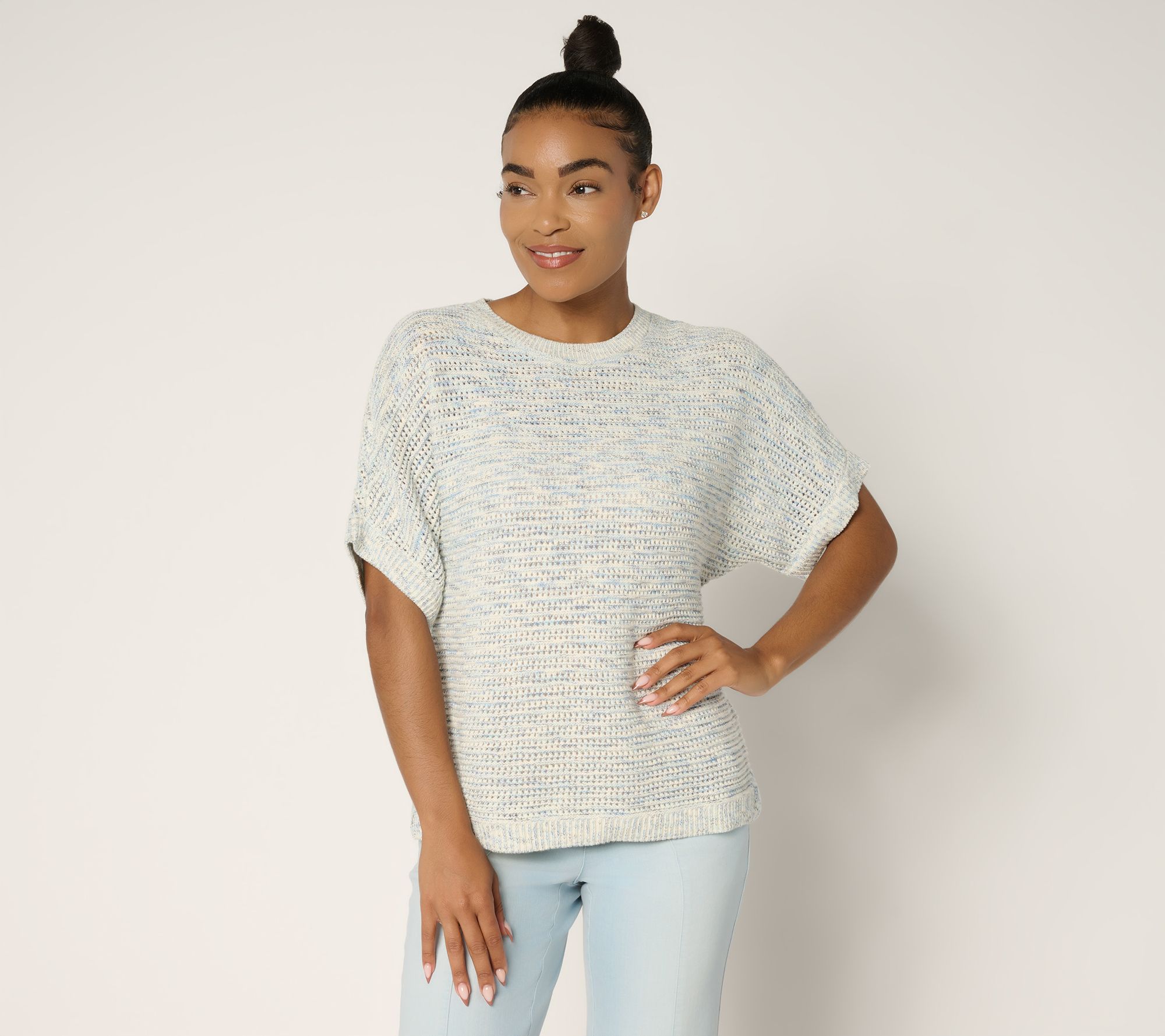 "As Is" Joan Rivers Open Knit Dolman Short Sleeve Sweater