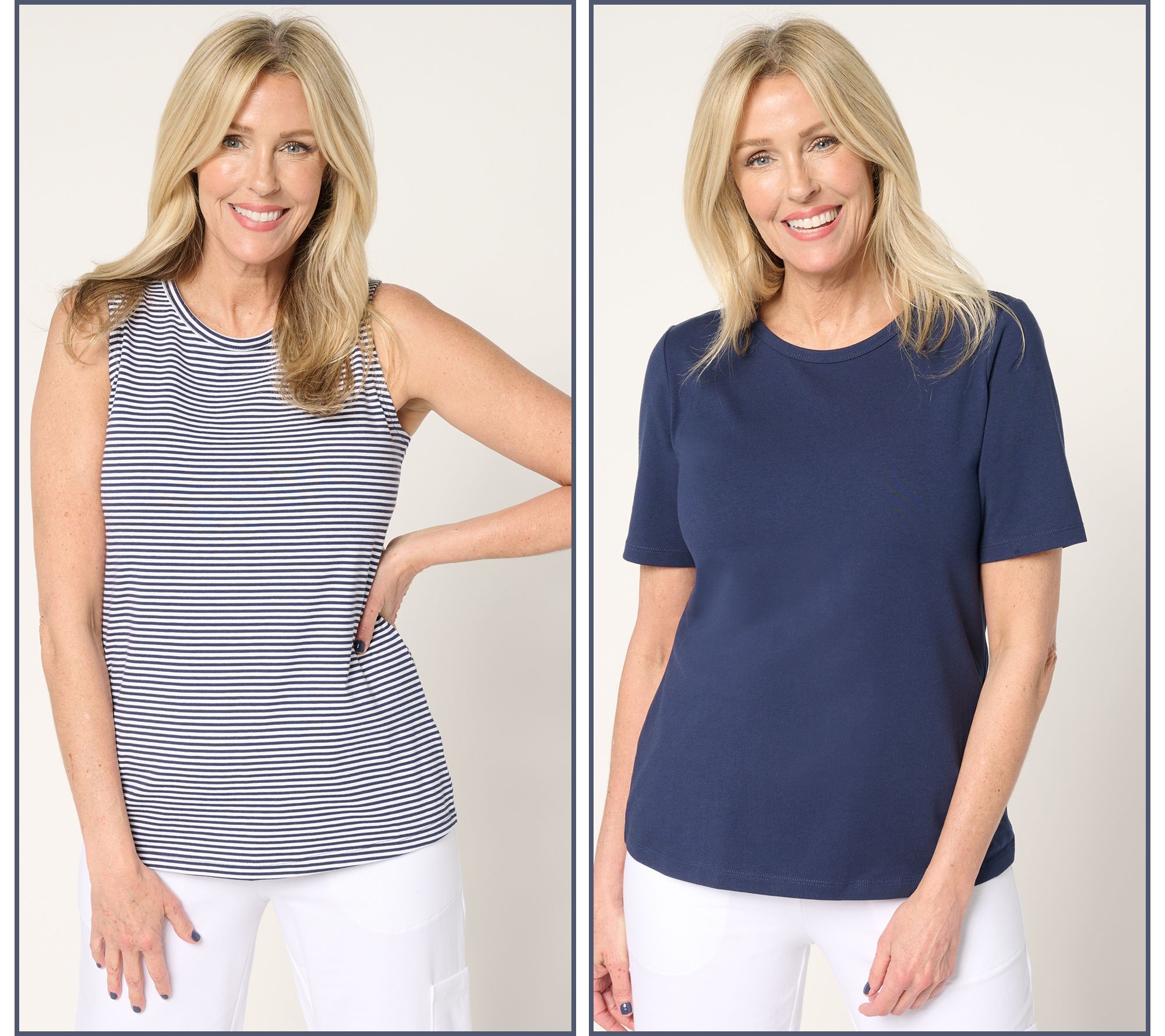 "As Is" Denim & Co. Essentials Set of Striped Tank and Solid Top