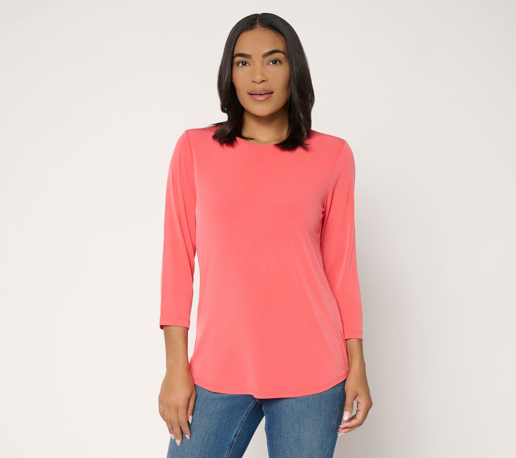 Susan Graver Essentials Liquid Knit Crew -Neck 3/4-Sleeve Top