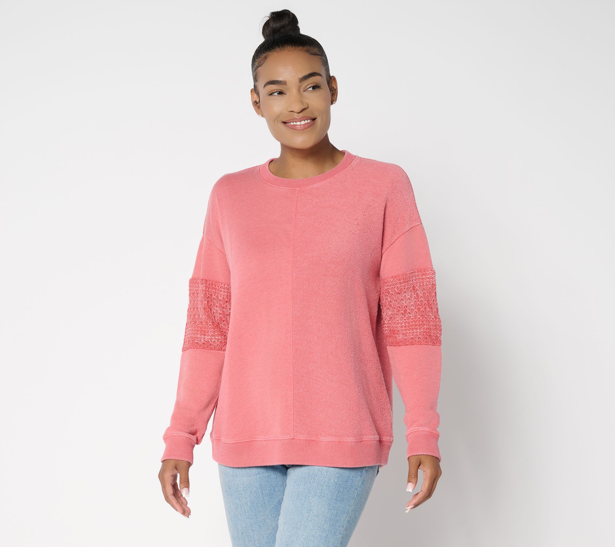"As Is" Denim & Co. Canyon Retreat Lace Sleeve Washed Sweatshirt