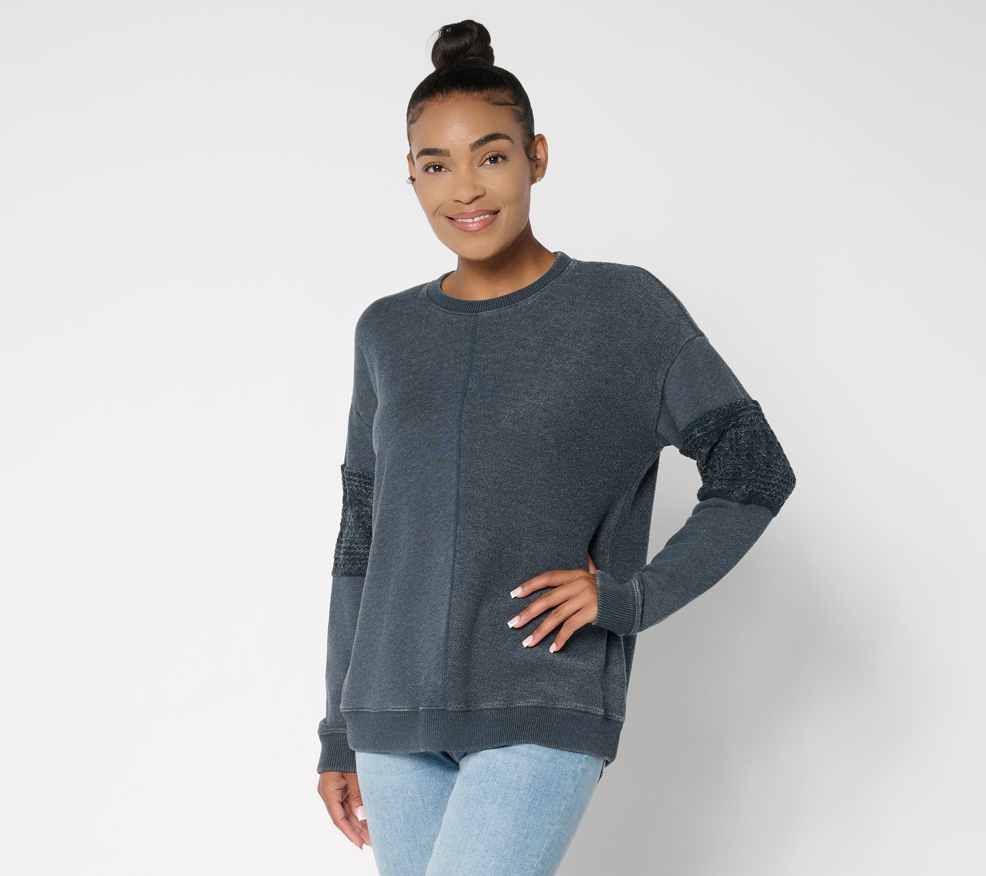 "As Is" Denim & Co. Canyon Retreat Lace Sleeve Washed Sweatshirt
