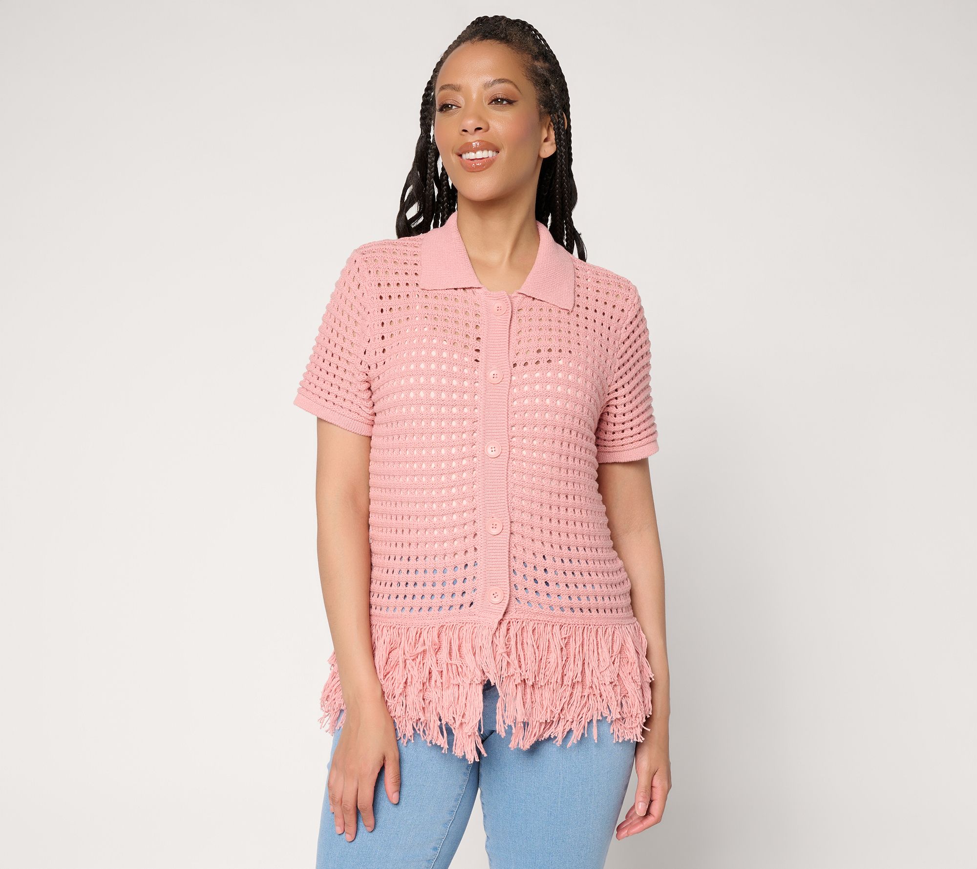  Dennis Basso Short Sleeve Cardigan With Fringe Detail