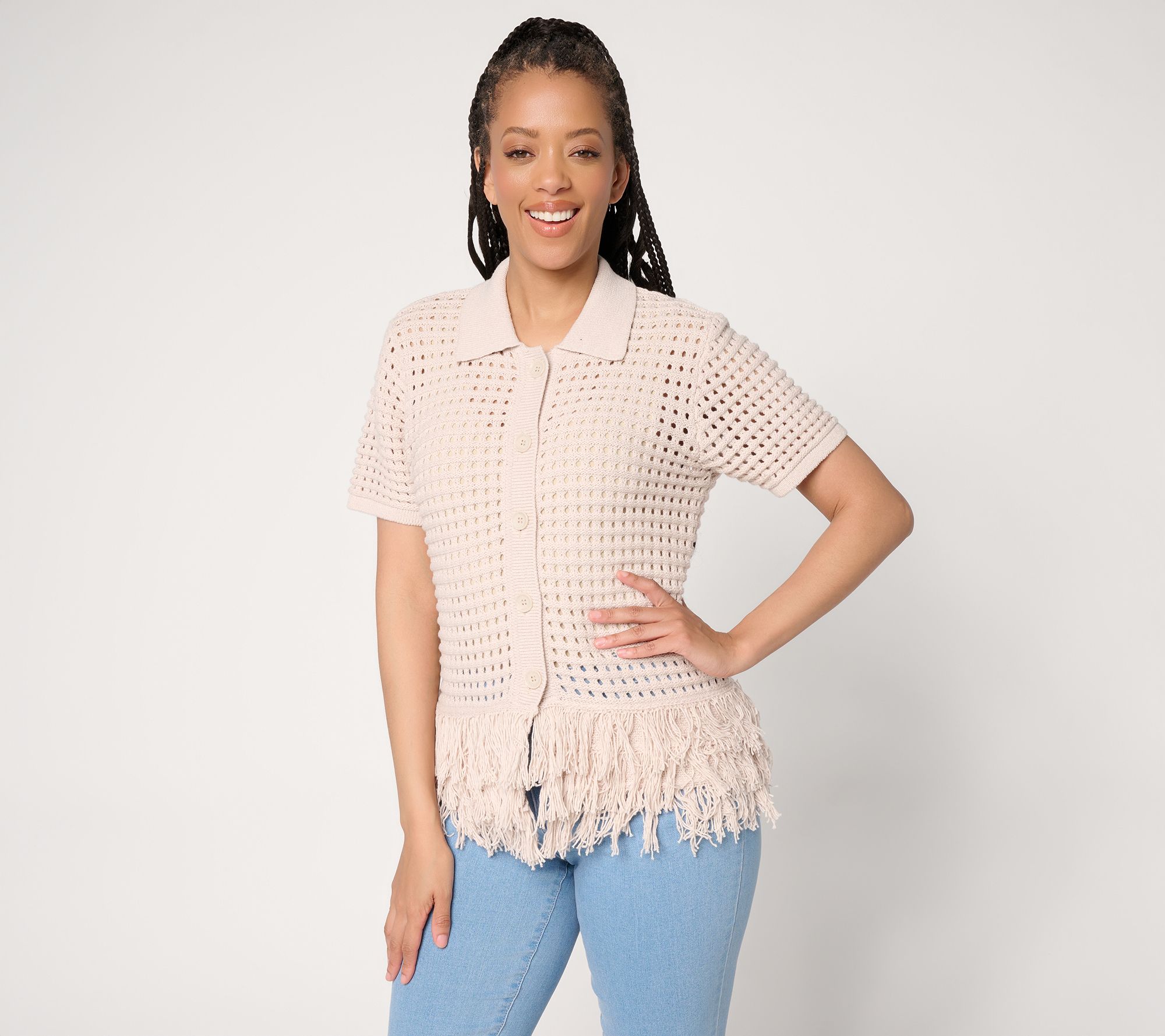 Dennis Basso Short Sleeve Cardigan With Fringe Detail