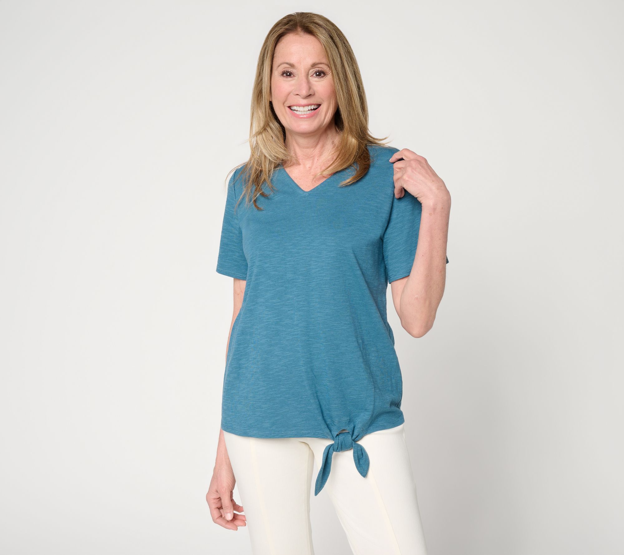 Denim & Co. Linen Blend V-Neck Short Sleeve Side Tie Top