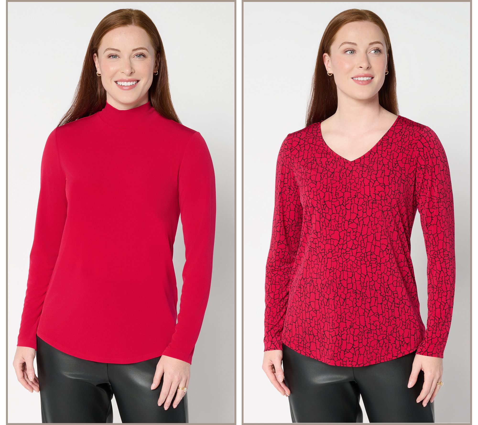 "As Is" Susan Graver Set of 2 Print and Solid Liquid Knit Tops