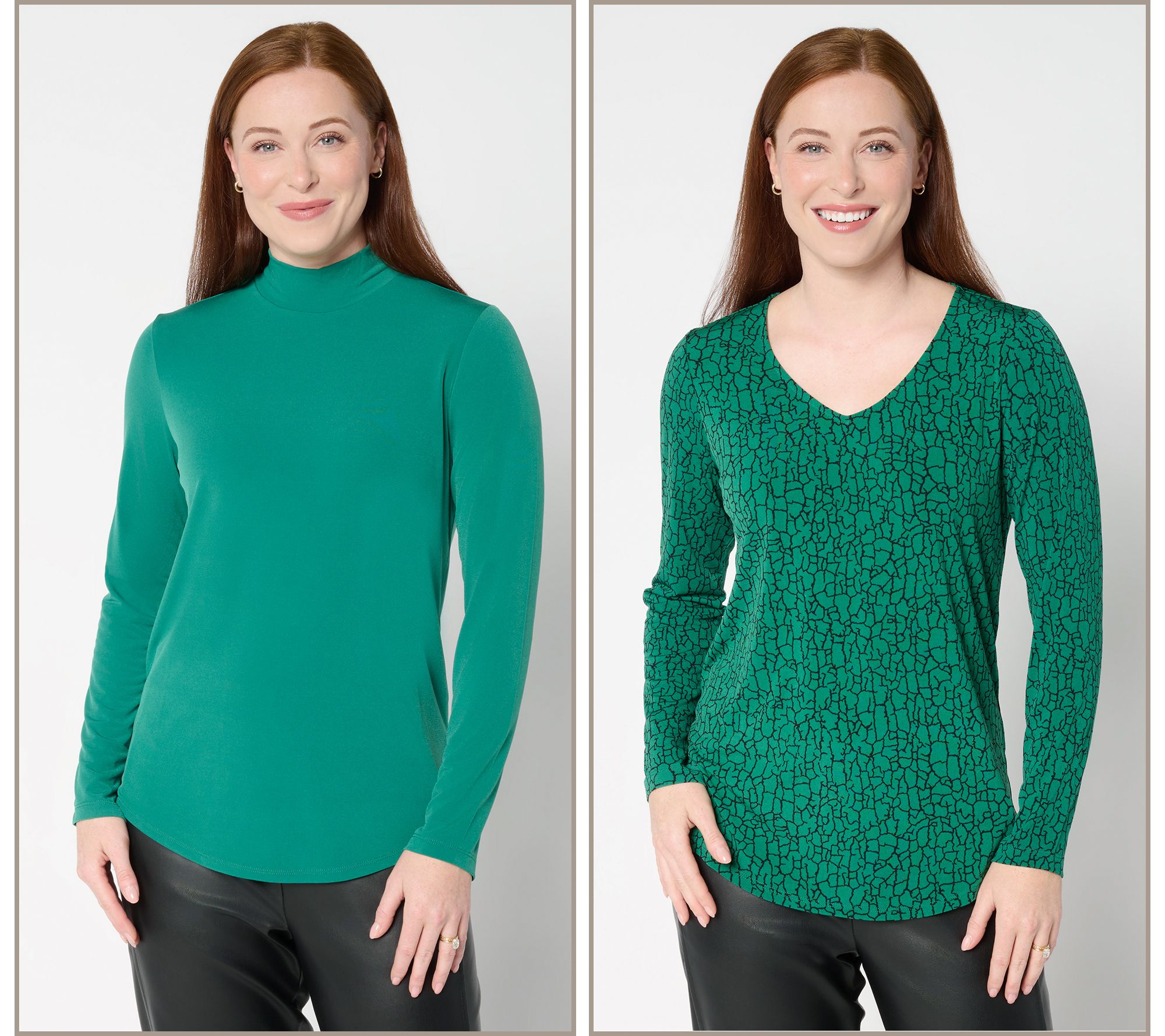 "As Is" Susan Graver Set of 2 Print and Solid Liquid Knit Tops