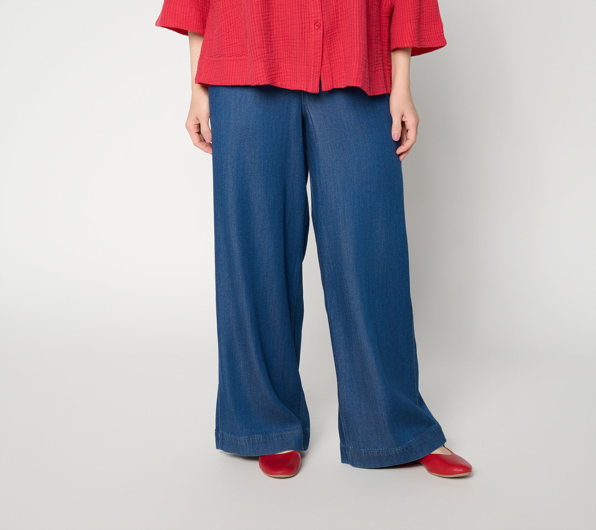 LOGO by Lori Goldstein Petite Relaxed Chambray Wide Leg Pants