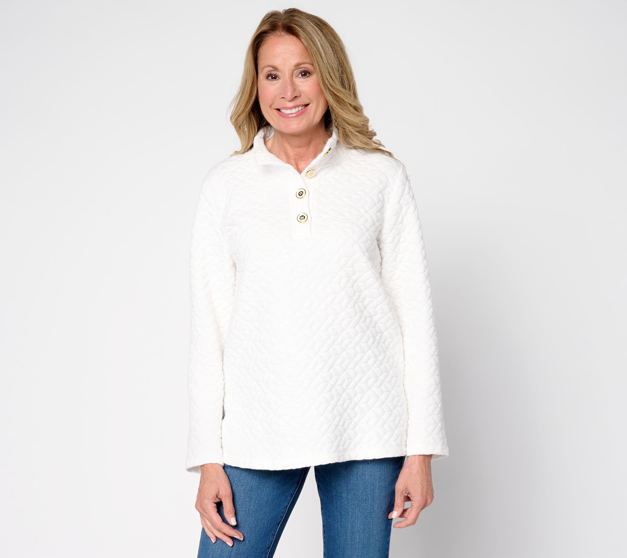 "As Is" Susan Graver Weekend Quilted Cotton Rich Knit Mock Neck Henley Top