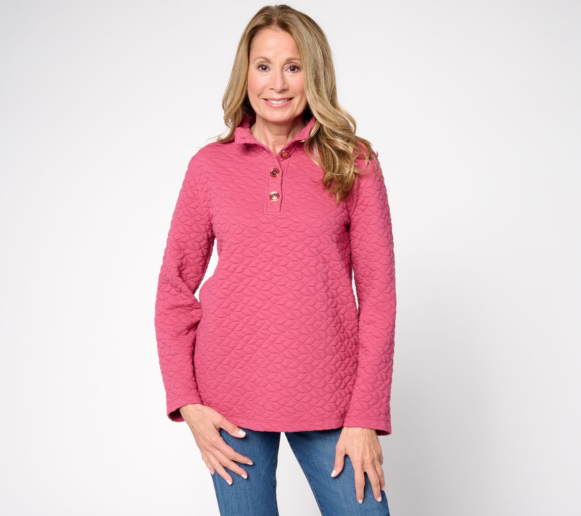 "As Is" Susan Graver Weekend Quilted Cotton Rich Knit Mock Neck Henley Top