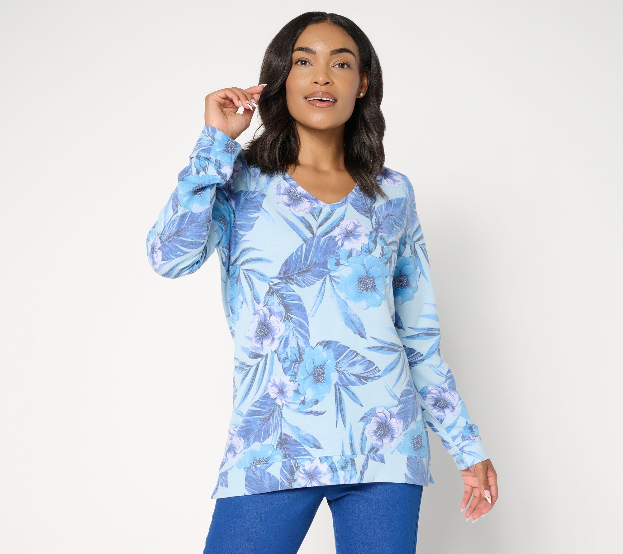 "As Is" Denim & Co. Soft Blend Knit Printed Long Sleeve V-Neck Top