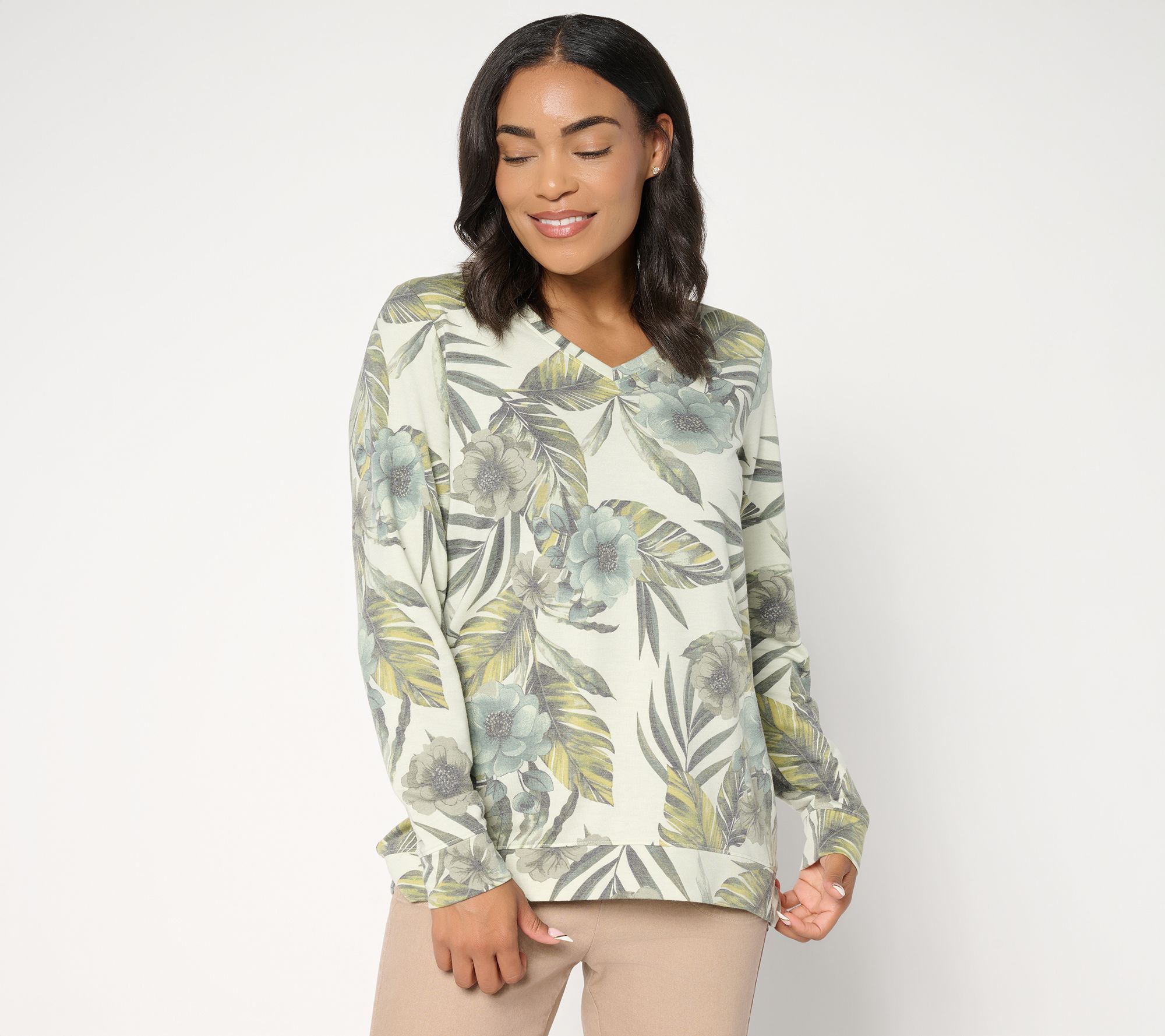 "As Is" Denim & Co. Soft Blend Knit Printed Long Sleeve V-Neck Top