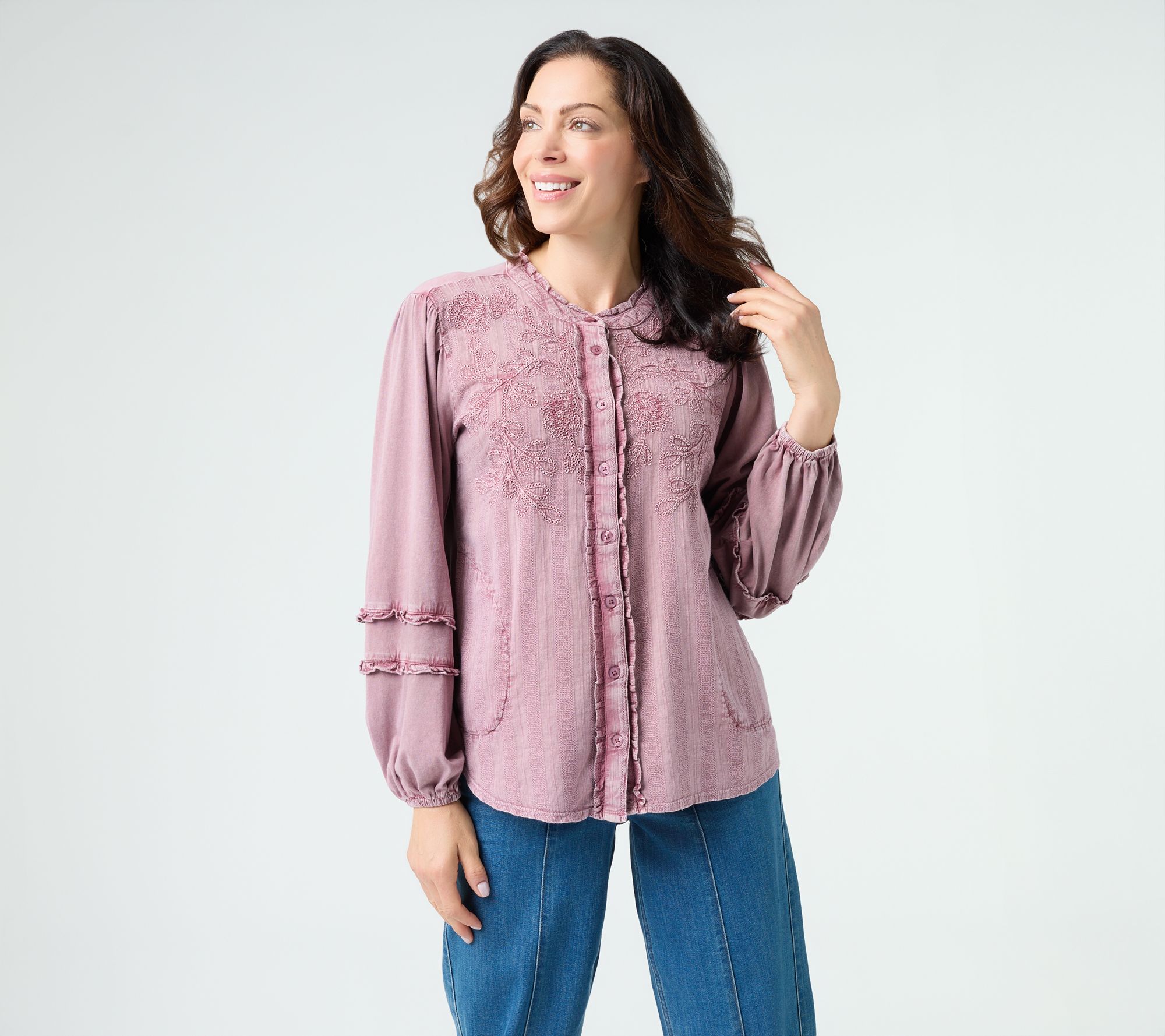 LOGO Lavish by Lori Goldstein Embroidered Mixed Media Top