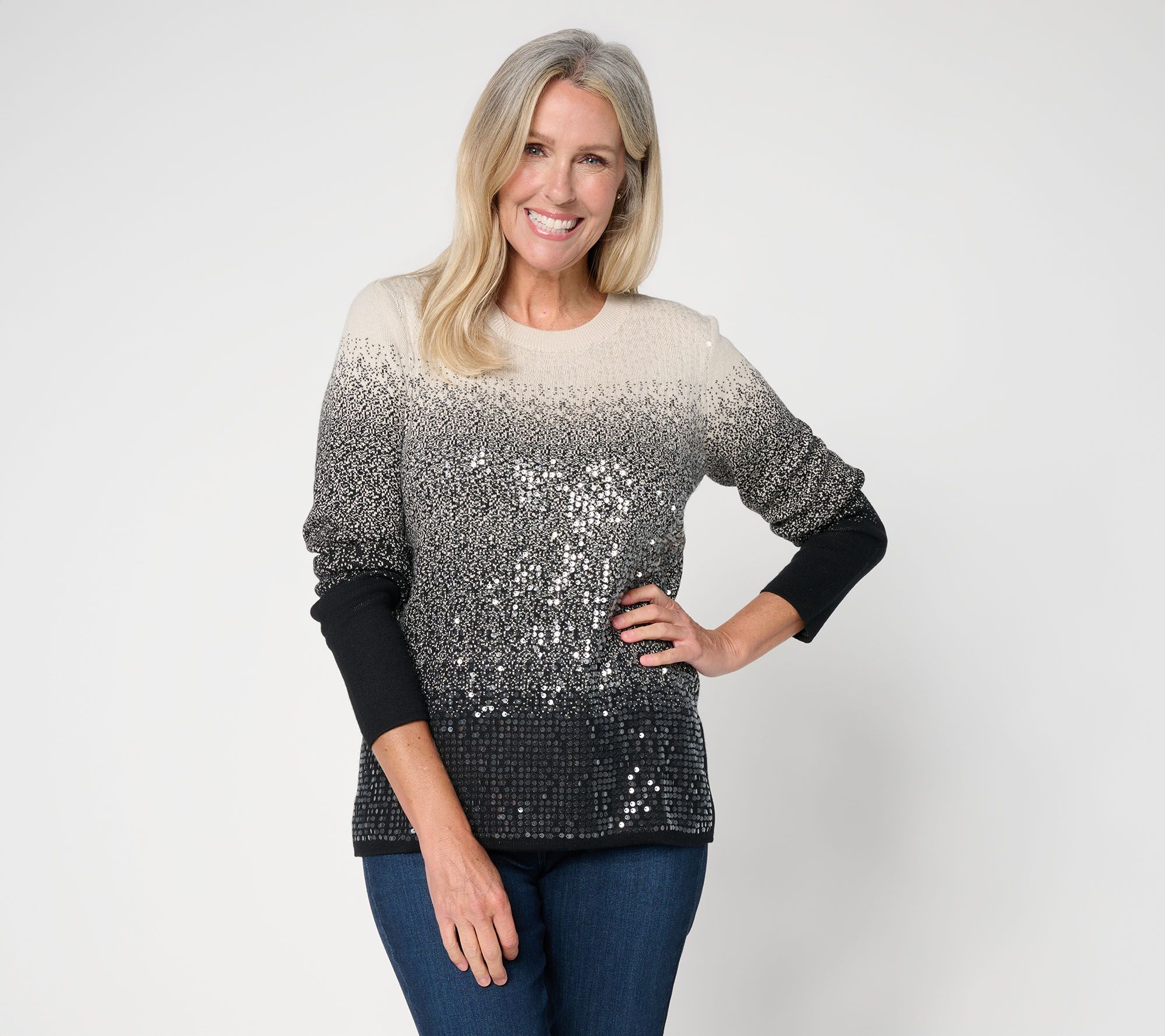 Susan Graver Ombre Sequins Crewneck Sweater