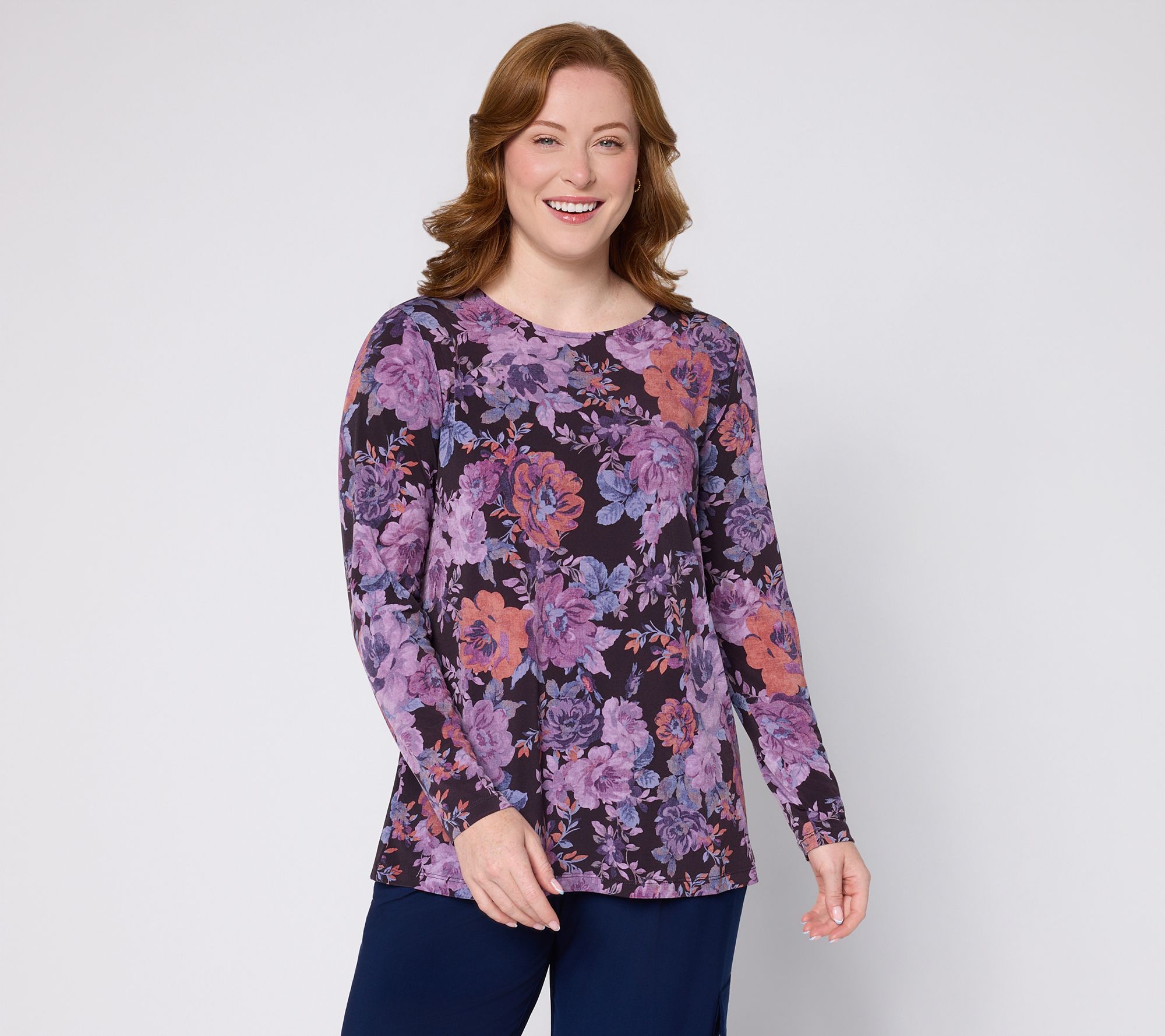 Susan Graver Printed Liquid Knit Crew Neck A-Line Tunic