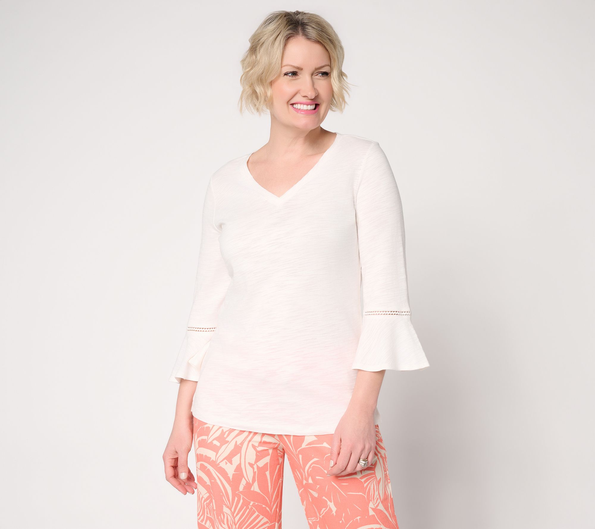 "As Is" Belle by Kim Gravel Slub Knit Flutter Sleeve V Neck Top