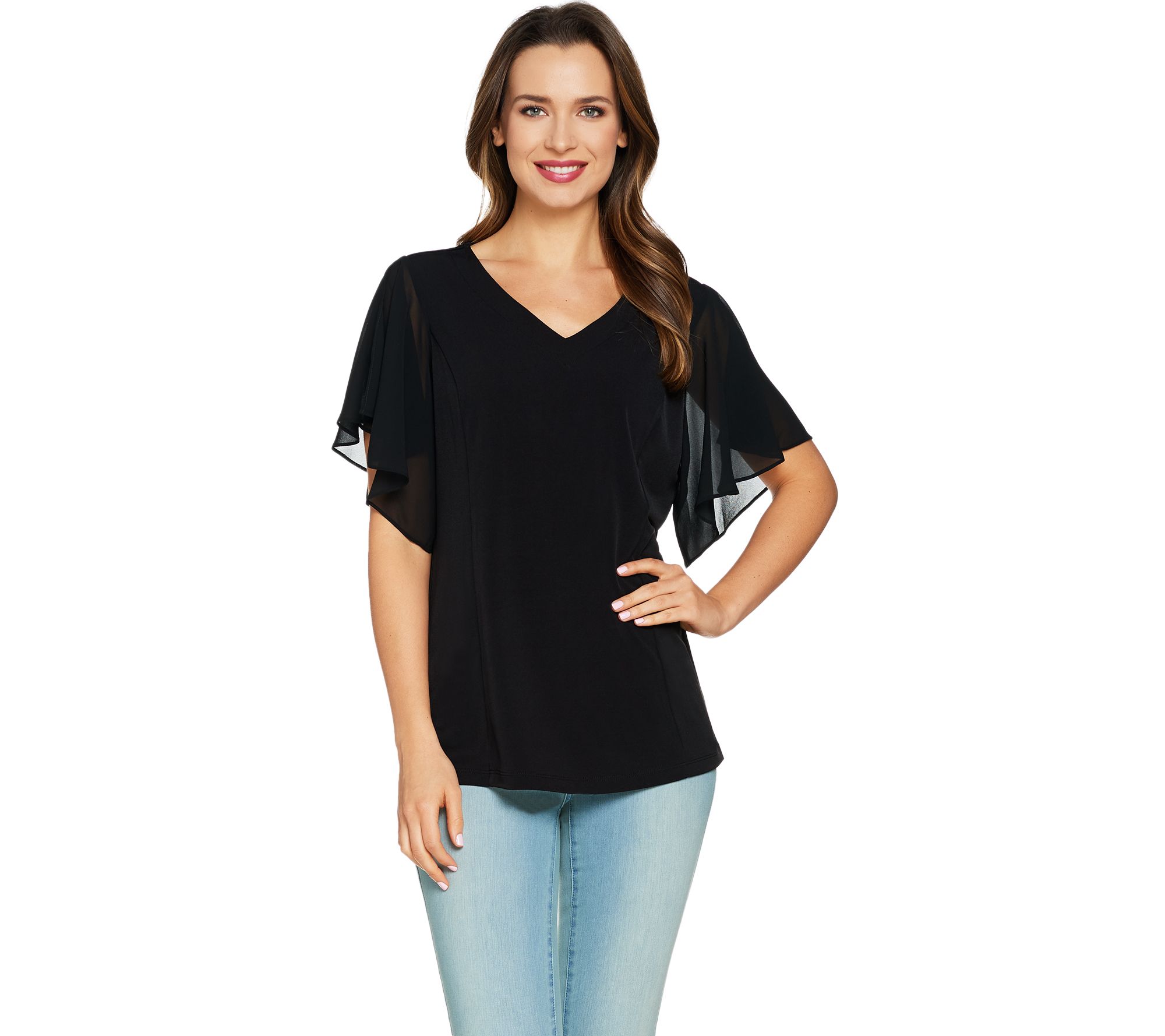 "As Is" Susan Graver Liquid Knit Top with Sheer Chiffon Flutter Sleeves