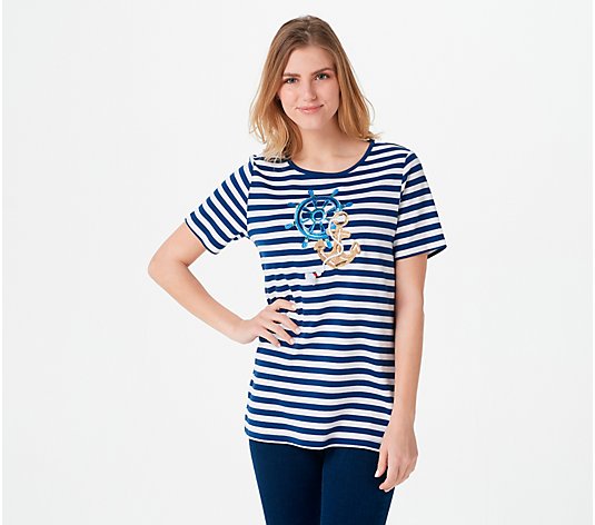 Quacker Factory Nautical Short-Sleeve Embroidered Top with Tassel