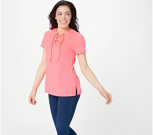 Belle by Kim Gravel Short Sleeve Lace Up Knit Top