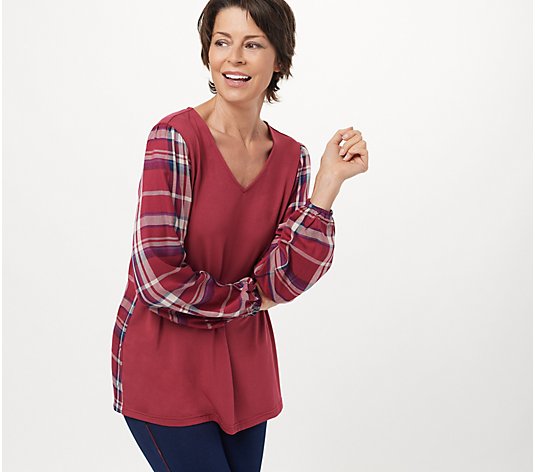 Belle by Kim Gravel Mixed Media Knit Top with Woven Sleeves