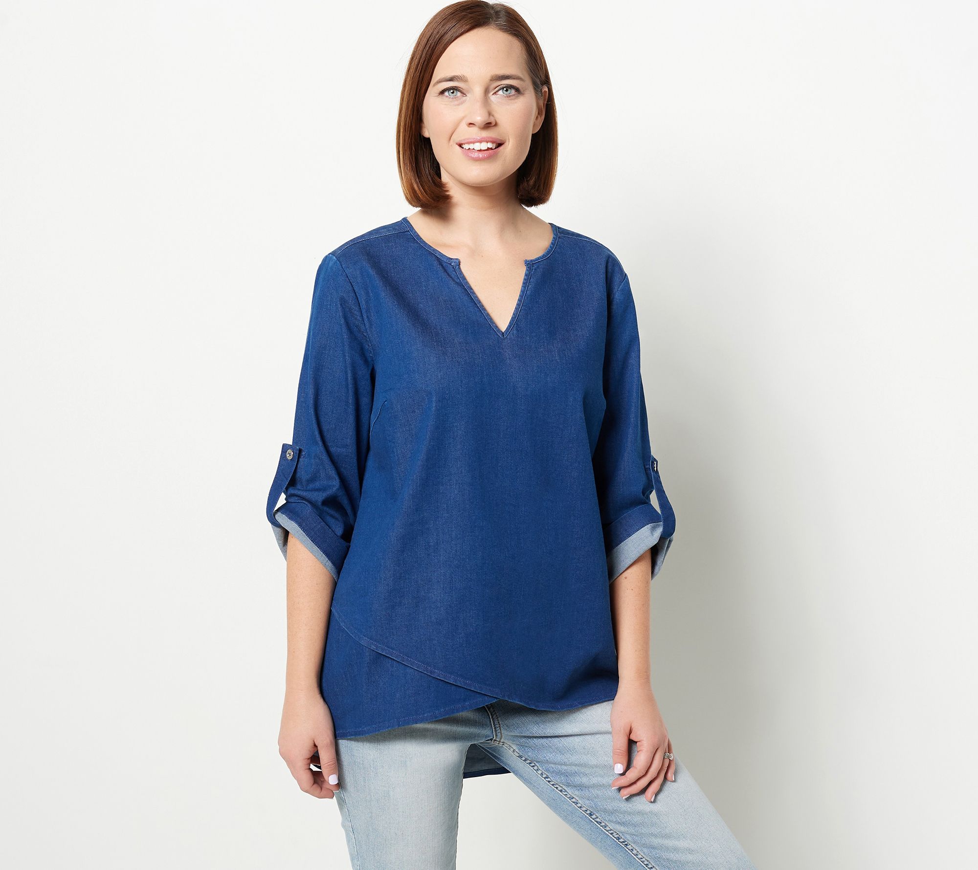 Belle by Kim Gravel Asymmetric Hem Denim Shirt