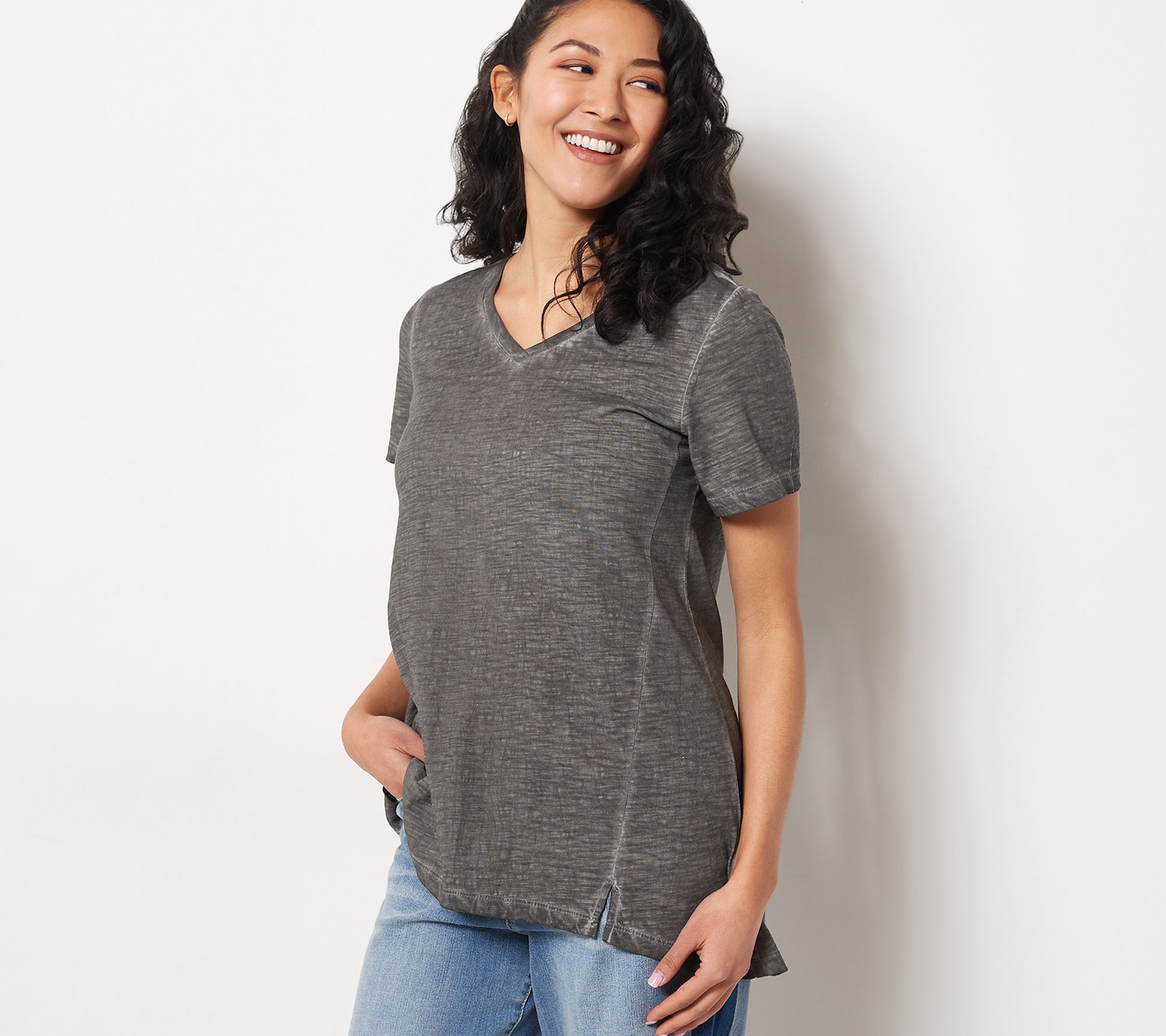 LOGO by Lori Goldstein Distressed Cotton Slub V-Neck Top