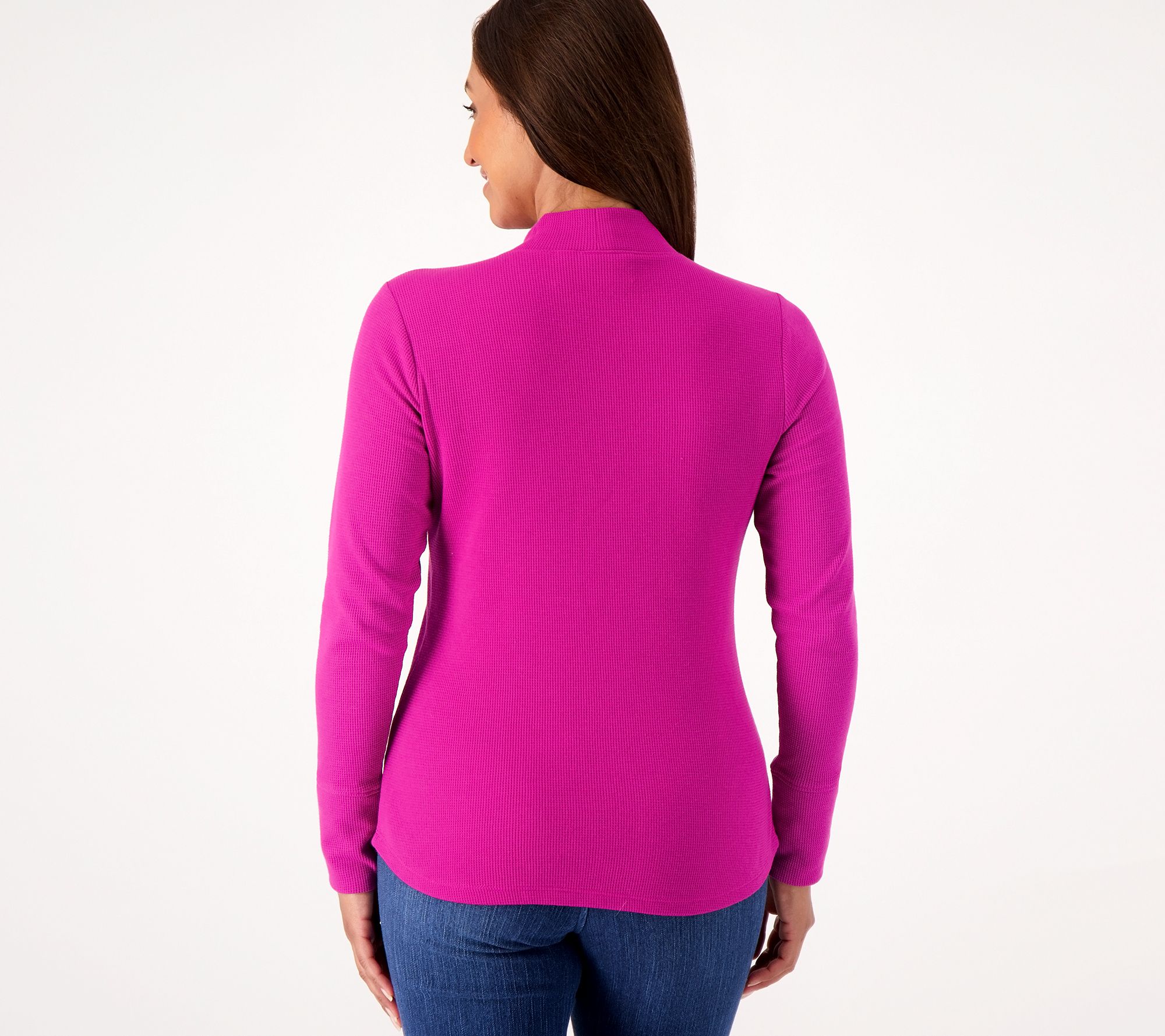 Denim & Co. Essentials Waffle Knit Mock Neck Curved Hem Top