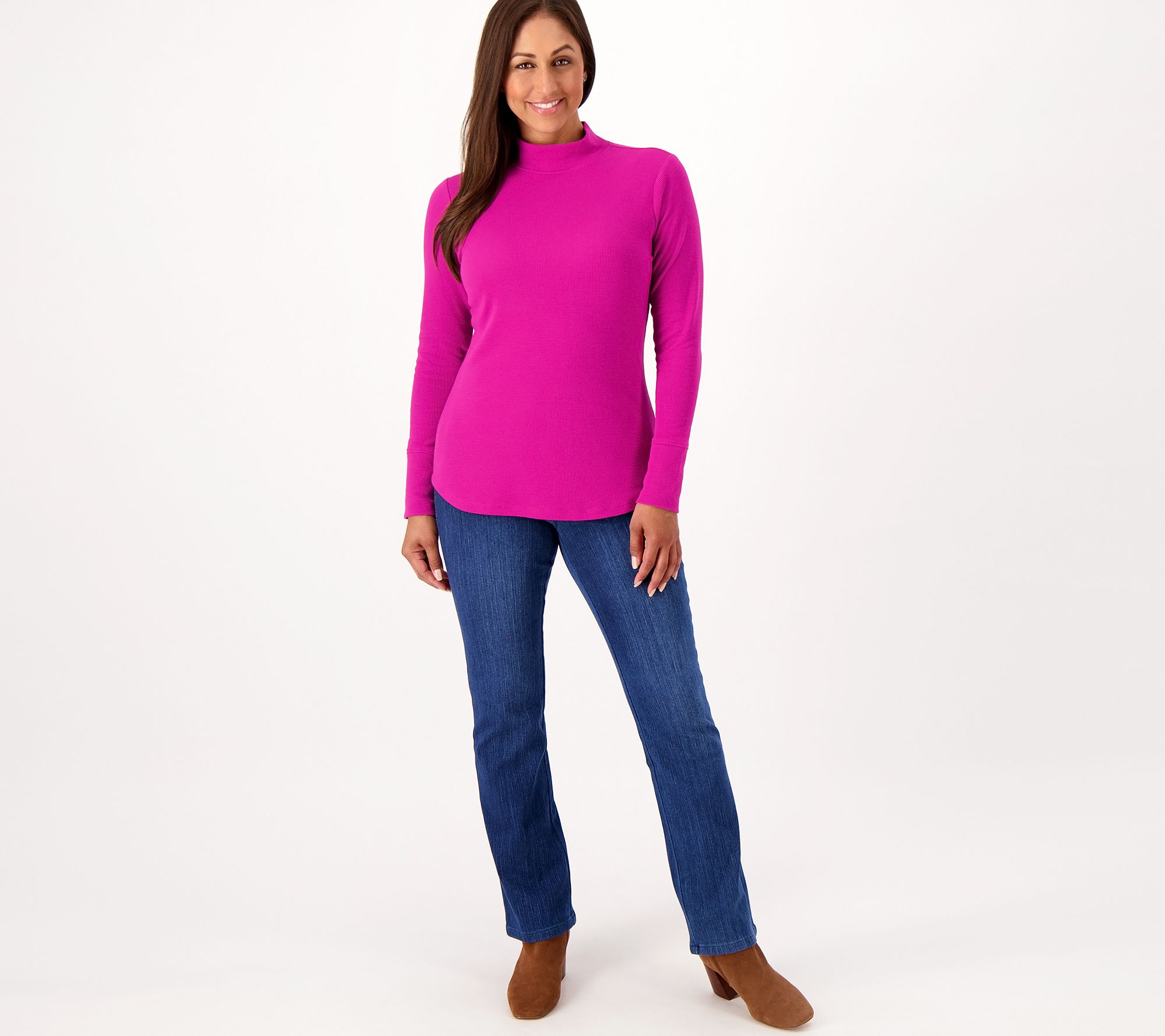 Denim & Co. Essentials Waffle Knit Mock Neck Curved Hem Top