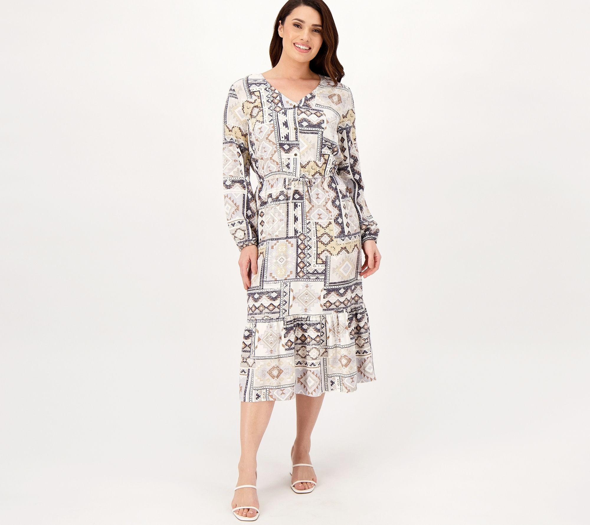 Denim & Co. Canyon Retreat Petite Printed Tiered Midi Dress
