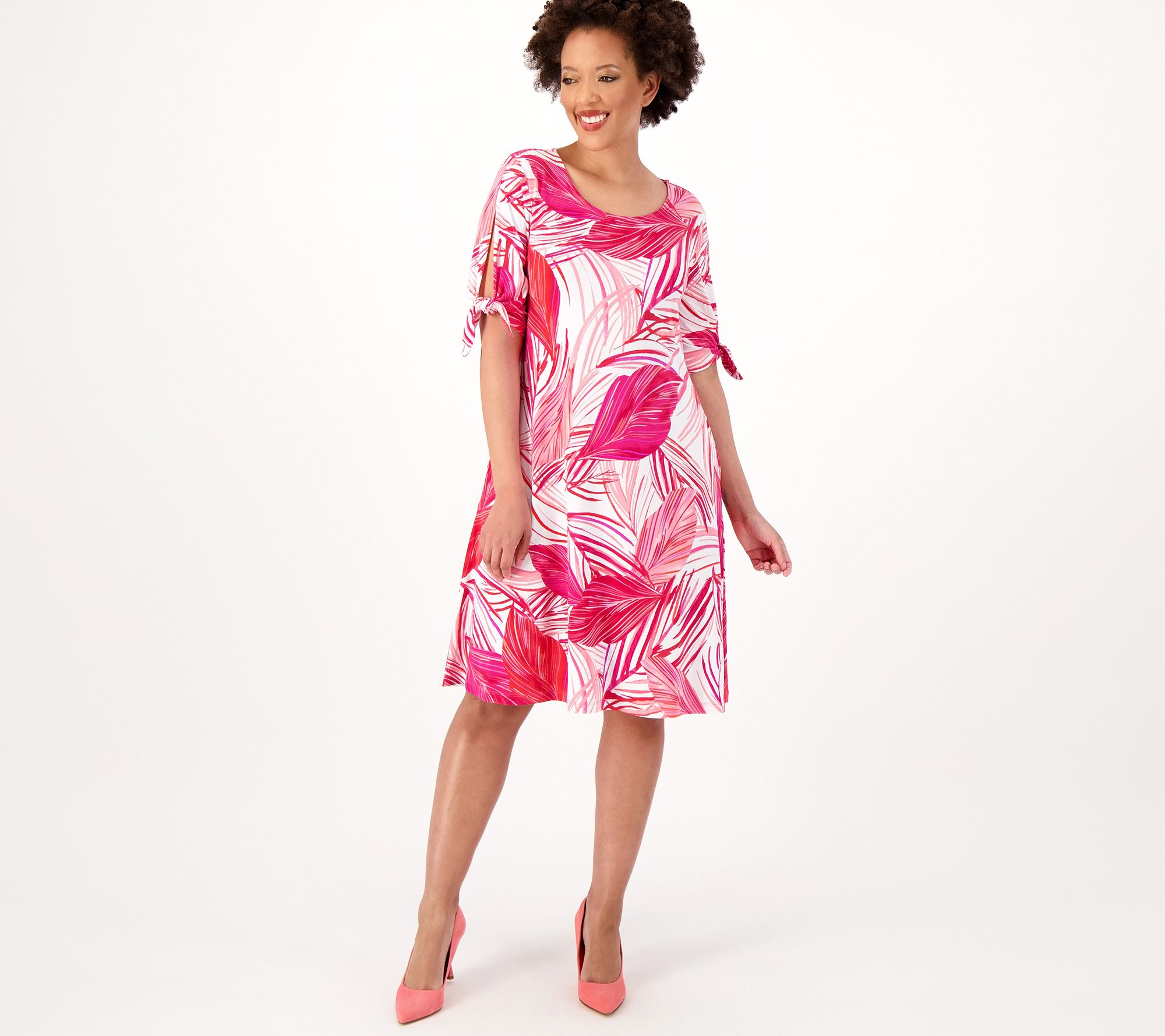 Susan Graver Printed Regular Liquid Knit A-Line Dress w/Sleeve Ties ...