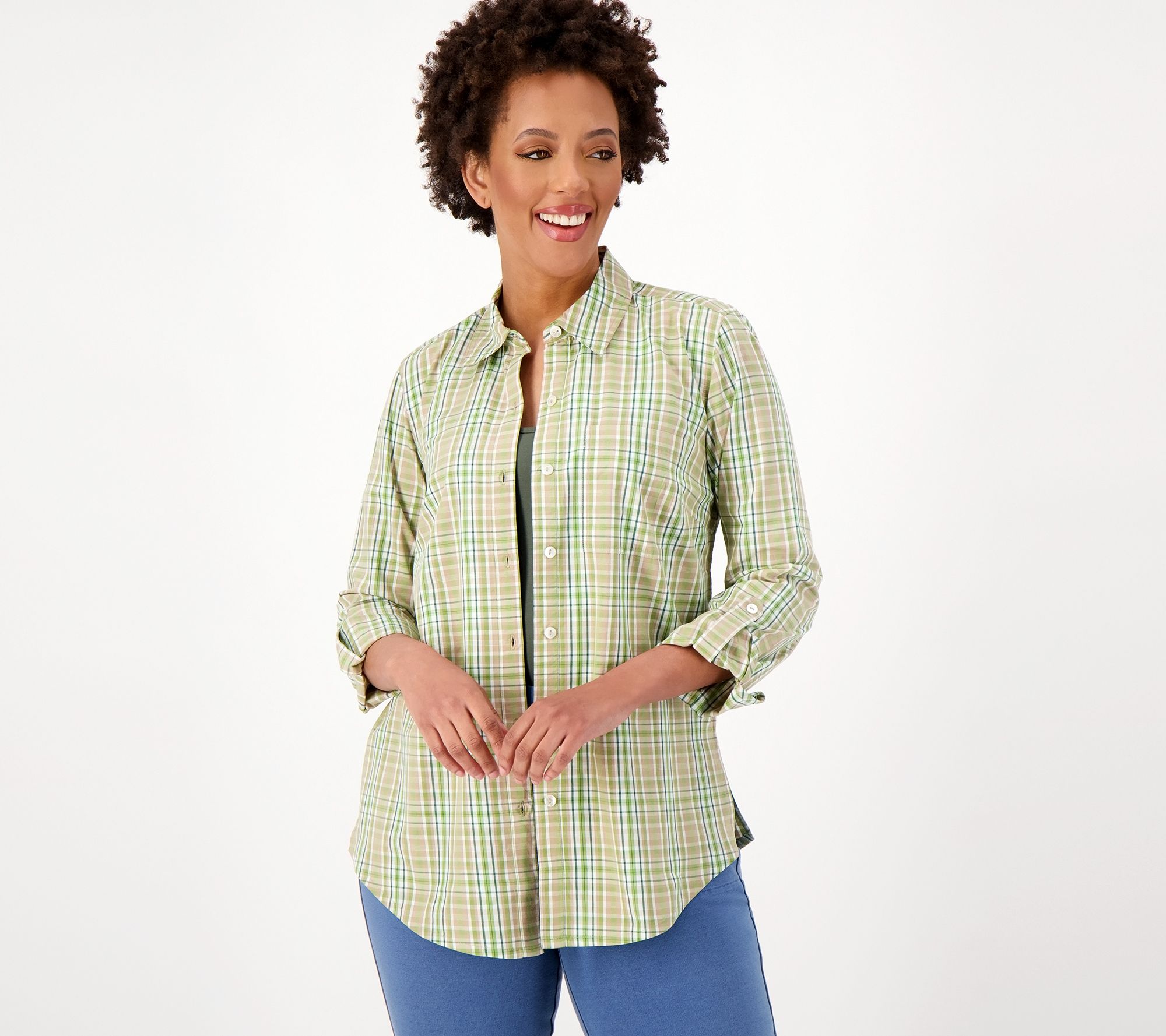 Susan Graver Weekend Regular Yarn-Dyed Plaid Button-Front Shirt