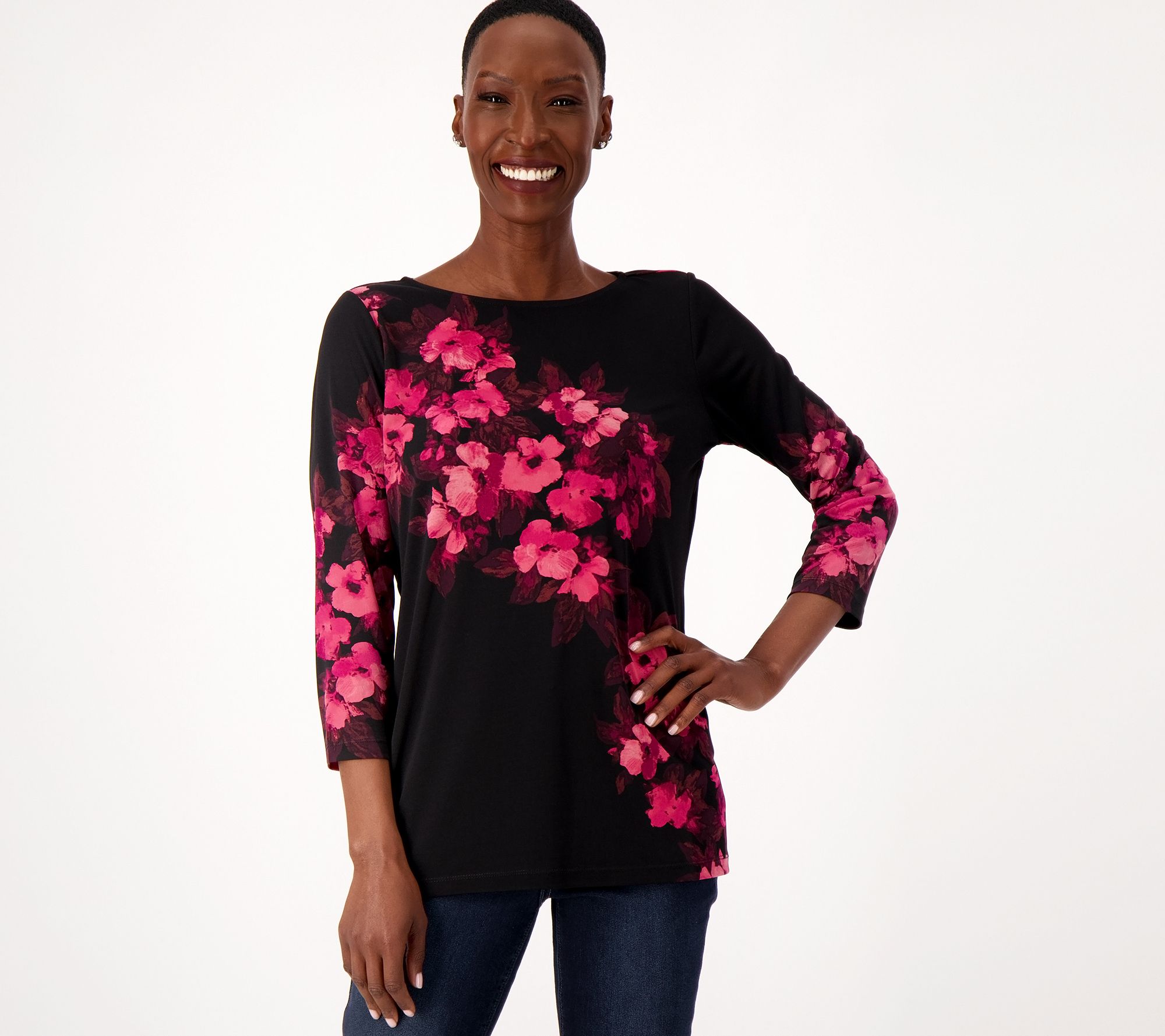 As Is Susan Graver Printed Liquid Knit 3 4 Sleeve Bateau Neck Top