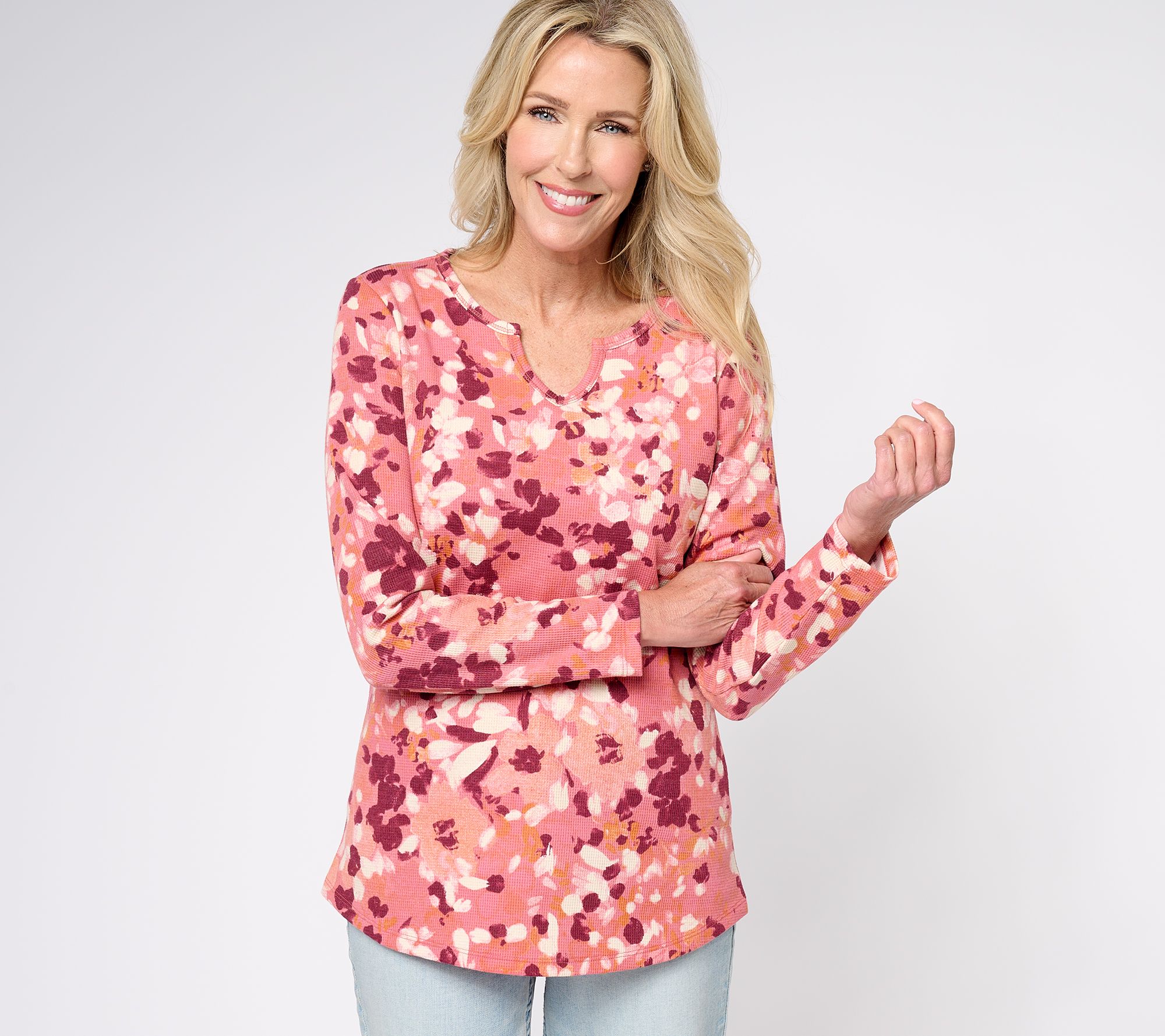 Denim & Co. Printed Waffle Knit Slit Neck Long sleeve Top - QVC.com