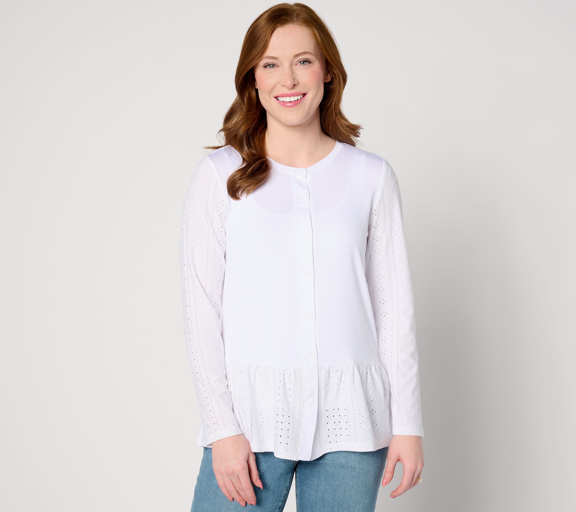 LOGO Layers by Lori Goldstein Long Sleeve Cardigan with Eyelet Peplum