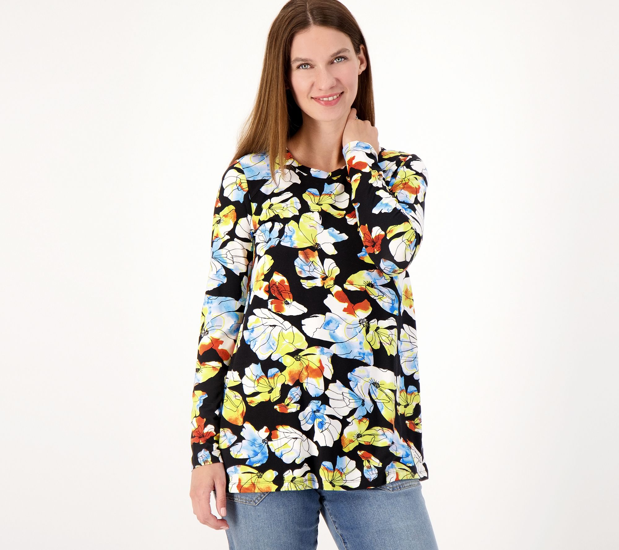 LOGO by Lori Goldstein Rayon 230 Mixed Print Long Sleeve Top 