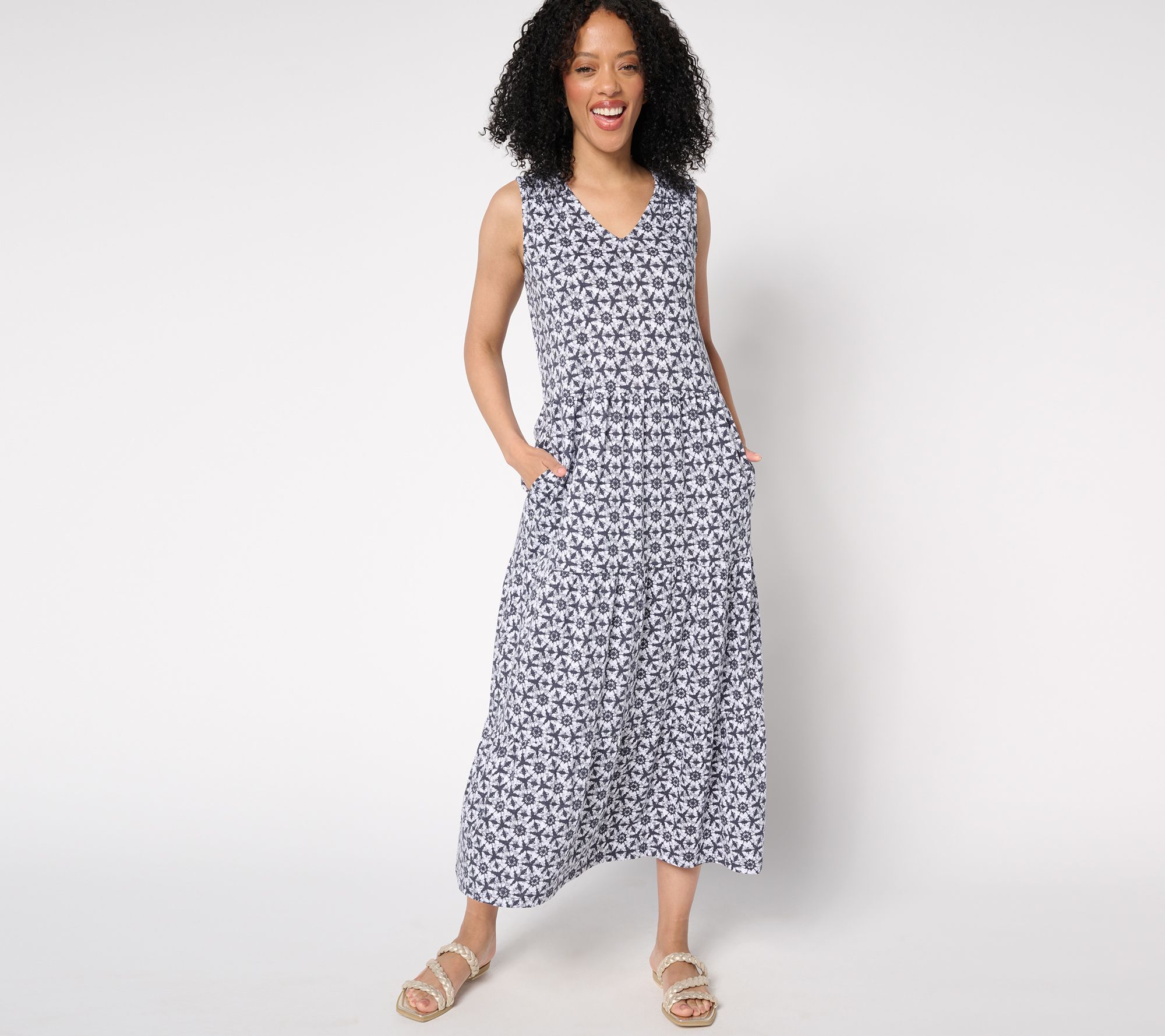 Denim & Co. Regular Printed Linen Blend V-Neck Tiered Midi Dress