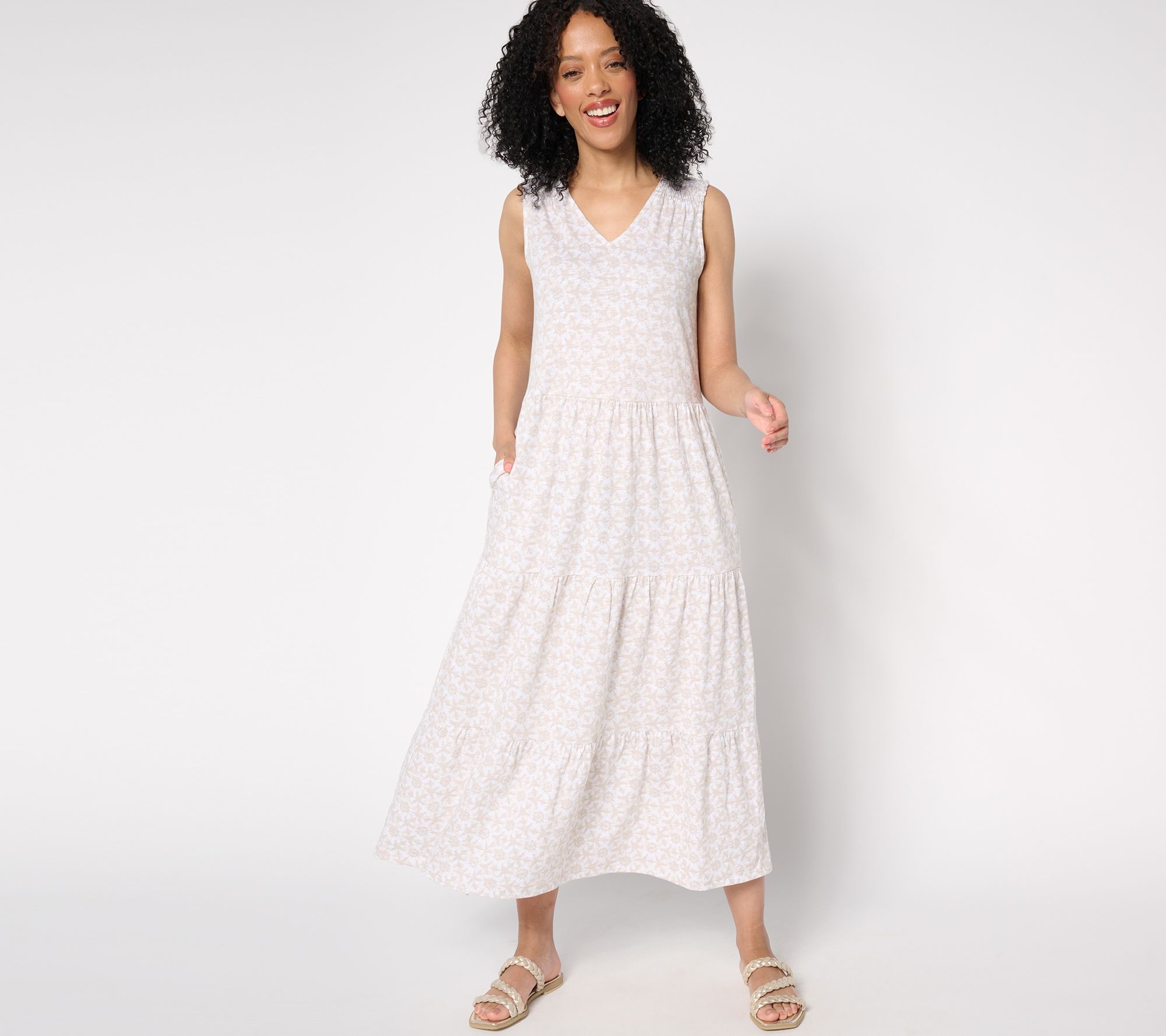 Denim & Co. Regular Printed Linen Blend V-Neck Tiered Midi Dress