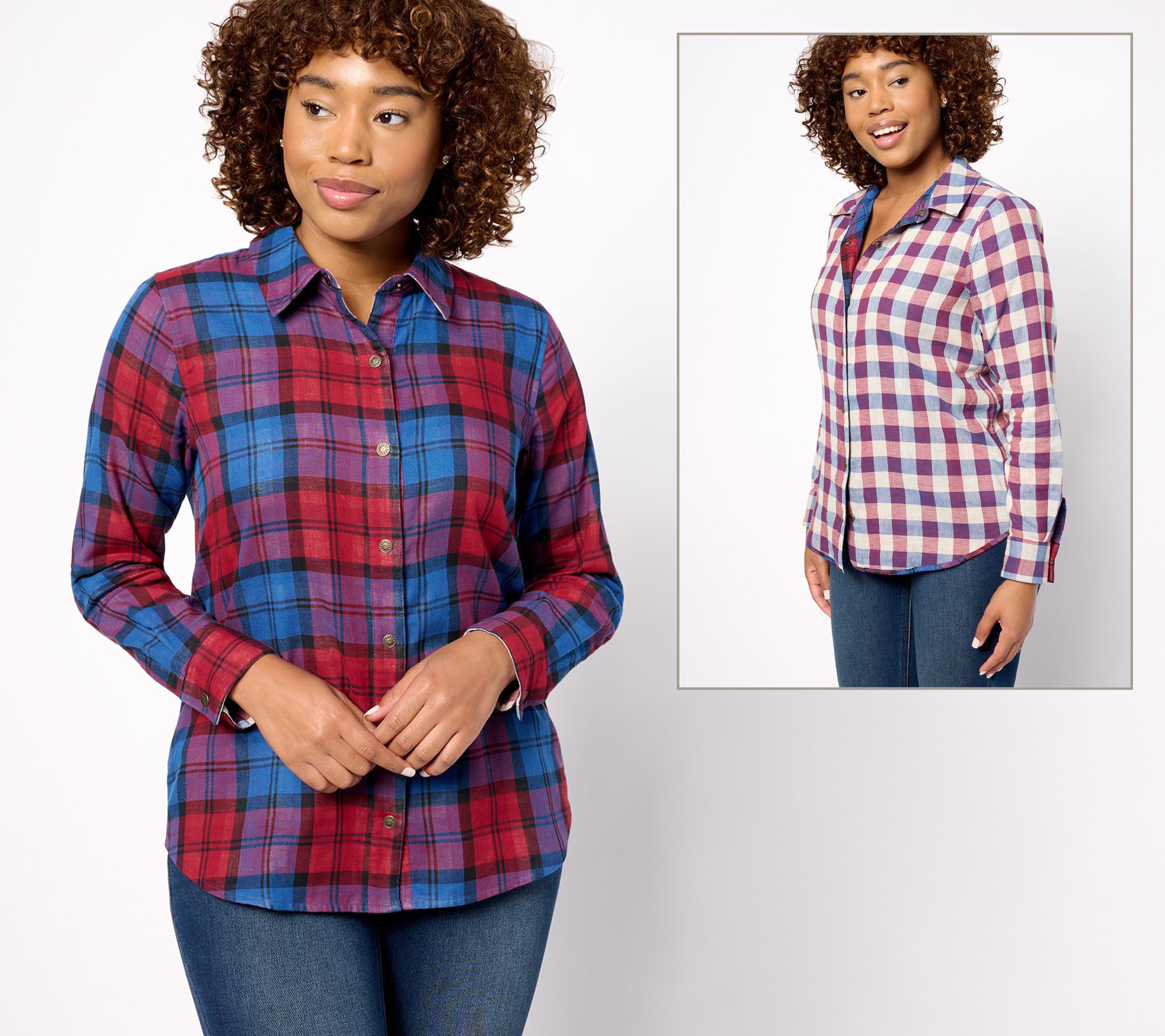 "As Is" Joan Rivers Cotton Plaid Reversible Boyfriend Shirt