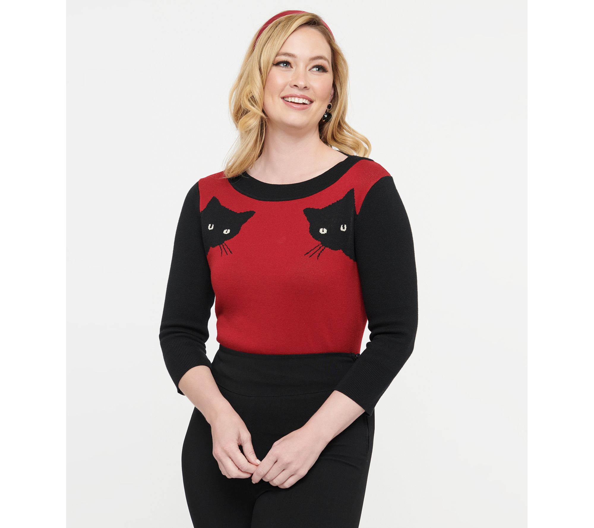 Unique Vintage 1950s Burnt Orange & Black Cat Sleeve Sweater