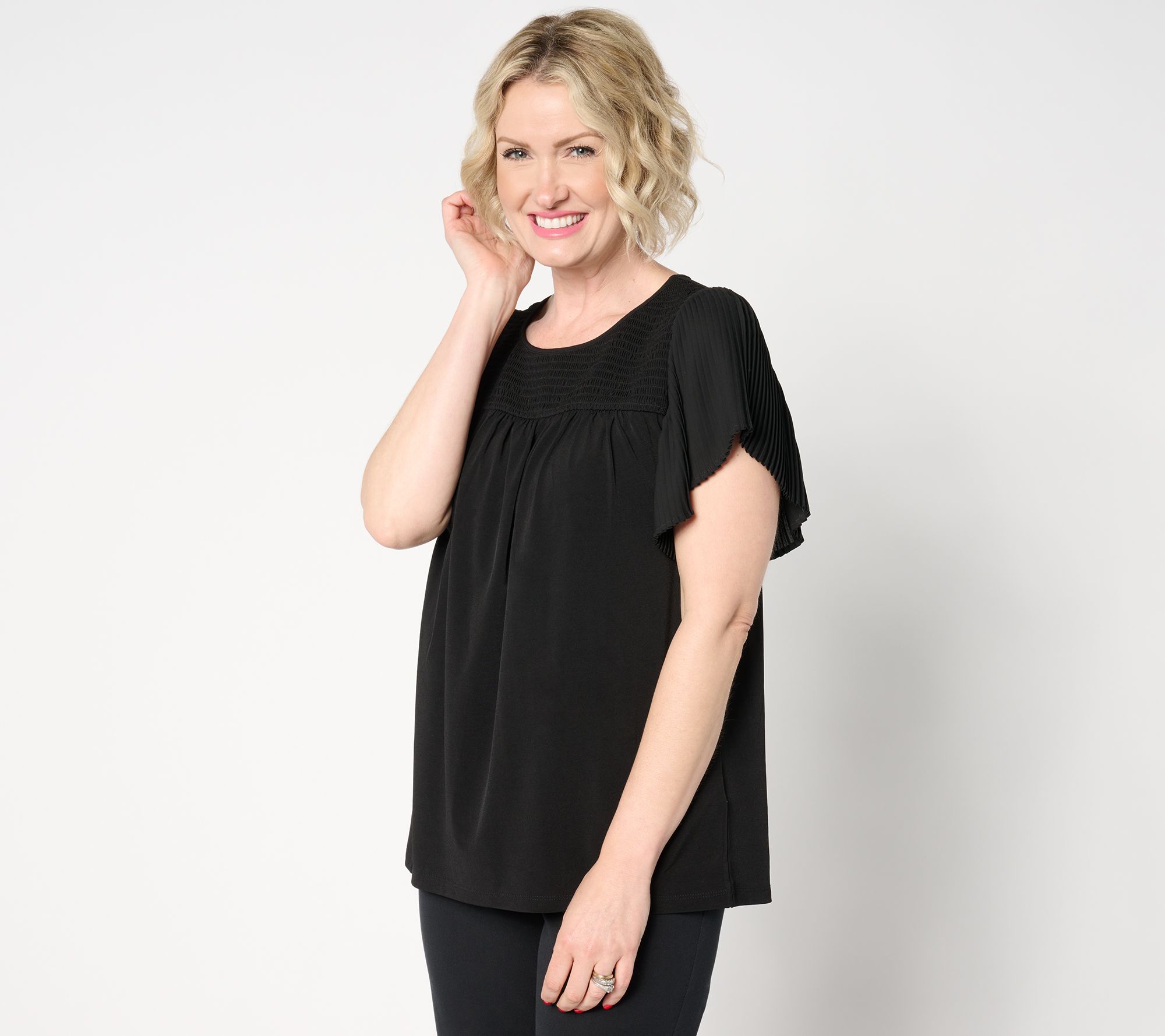 Susan Graver Liquid Knit A-Line Smocked Yoke Top with Pleated Sleeve