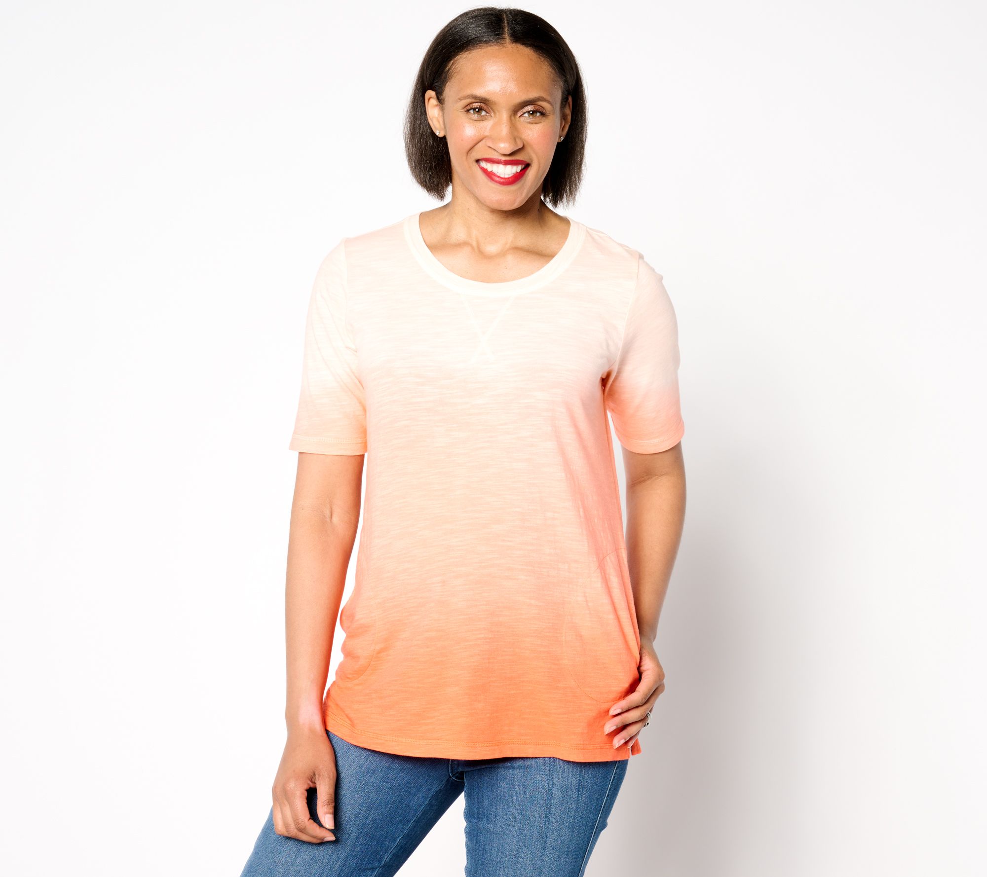 LOGO by Lori Goldstein Cotton Slub Elbow Sleeve Ombre Tee
