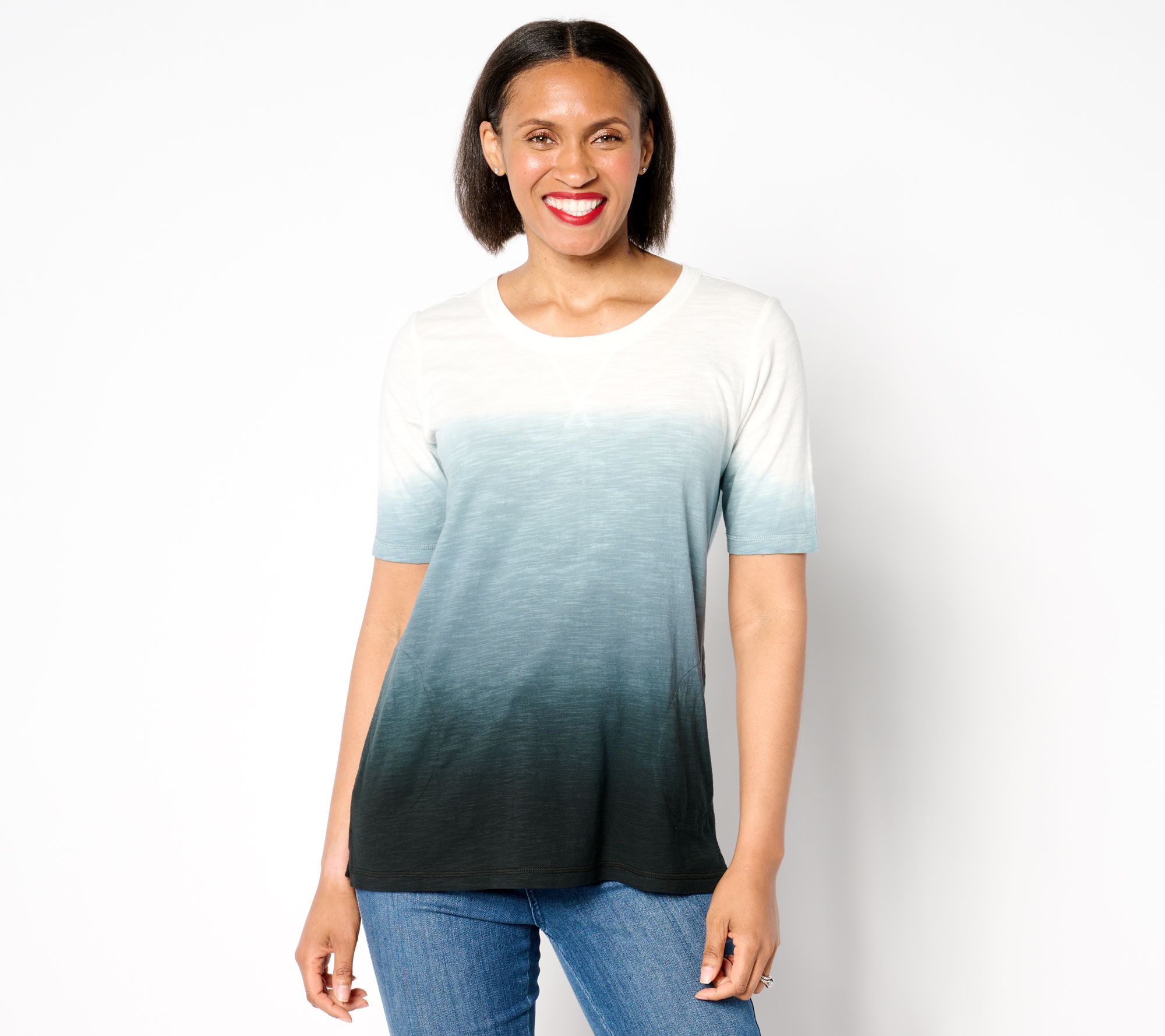 LOGO by Lori Goldstein Cotton Slub Elbow Sleeve Ombre Tee